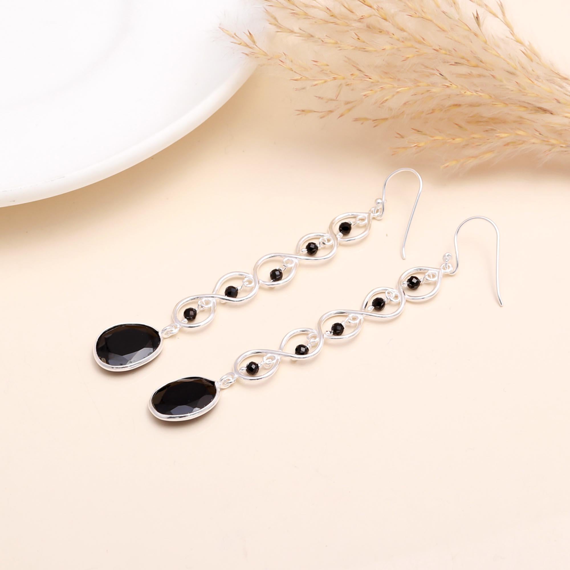 925 Sterling Silver Black Onyx Dangle Earrings