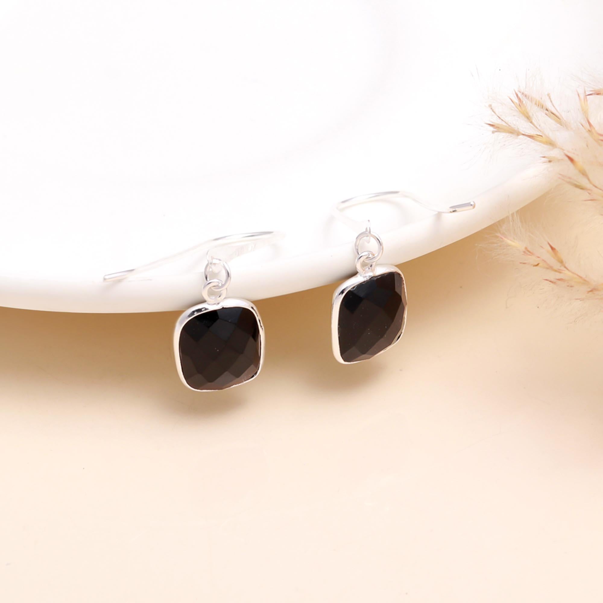 925 Sterling Silver Black Onyx Cushion-Cut Drop Earrings