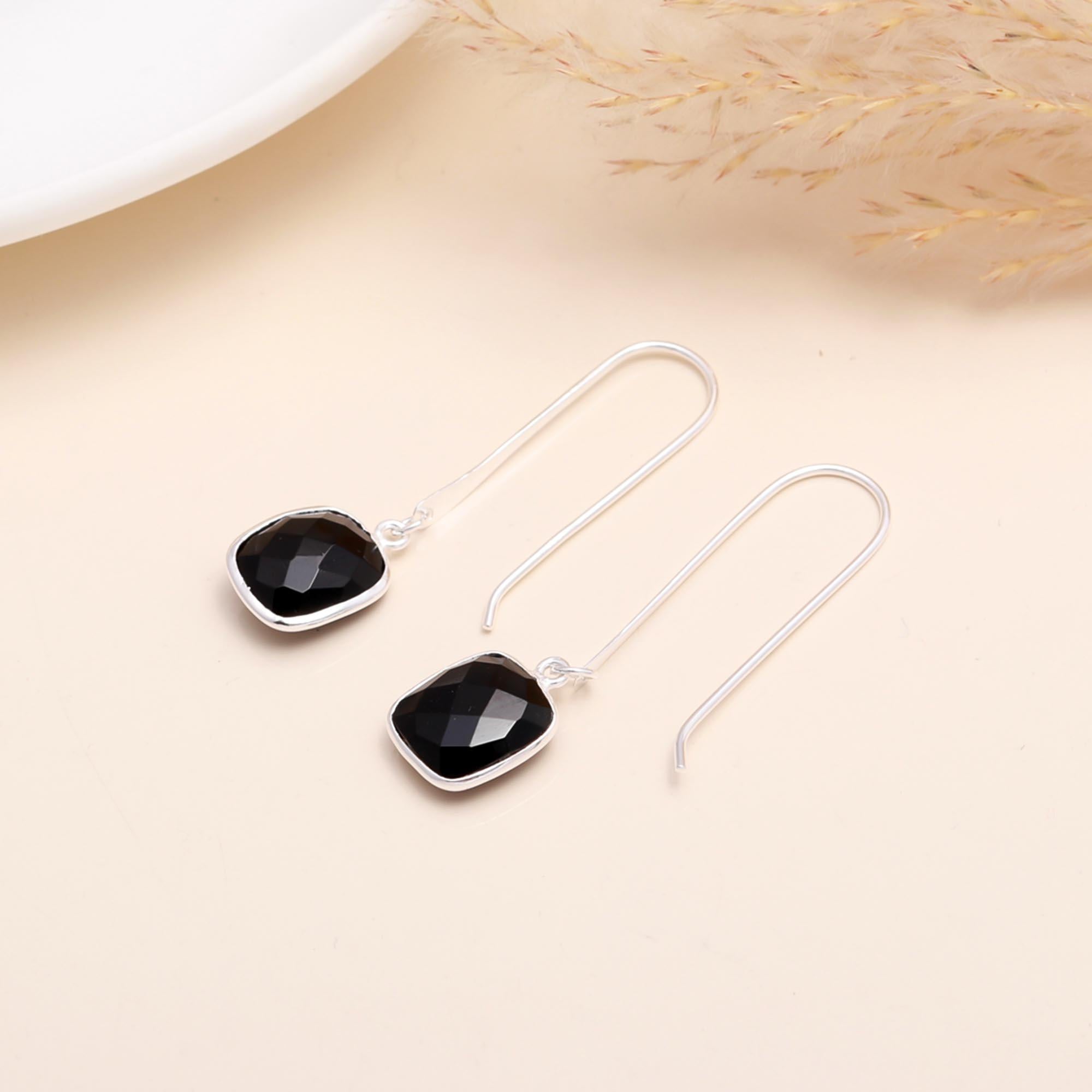 925 Sterling Silver Black Onyx Cushion-Cut Drop Earrings