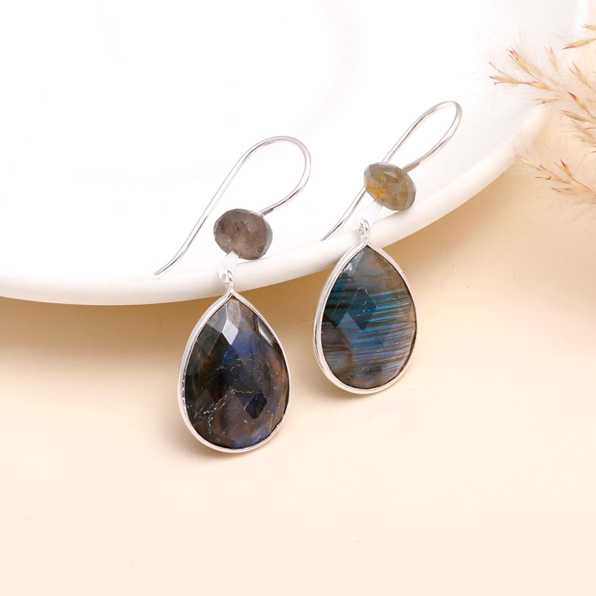 925 Sterling Silver Labradorite Teardrop Dangle Earrings