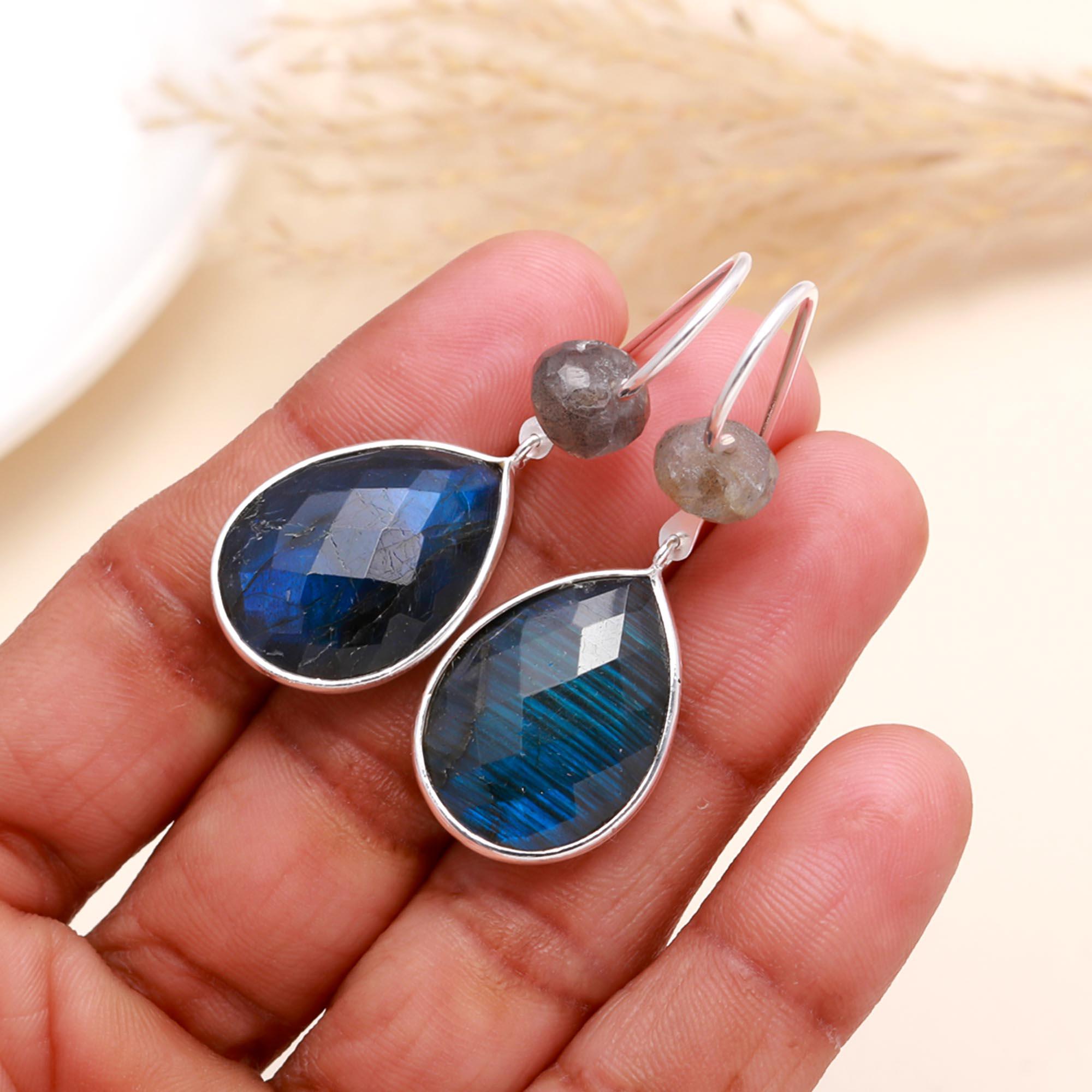 925 Sterling Silver Labradorite Teardrop Dangle Earrings