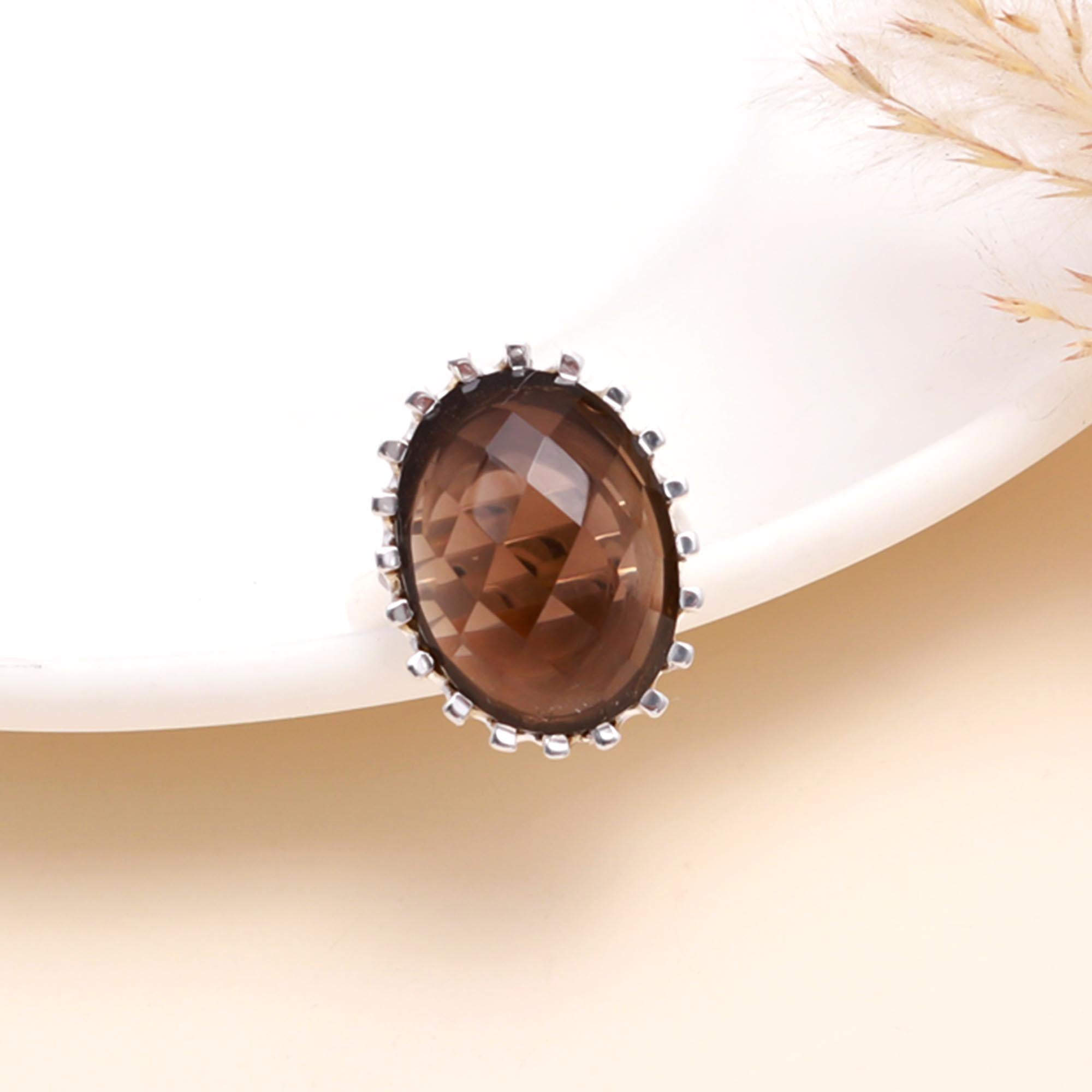 925 Sterling Silver Oval Smoky Quartz Statement Ring
