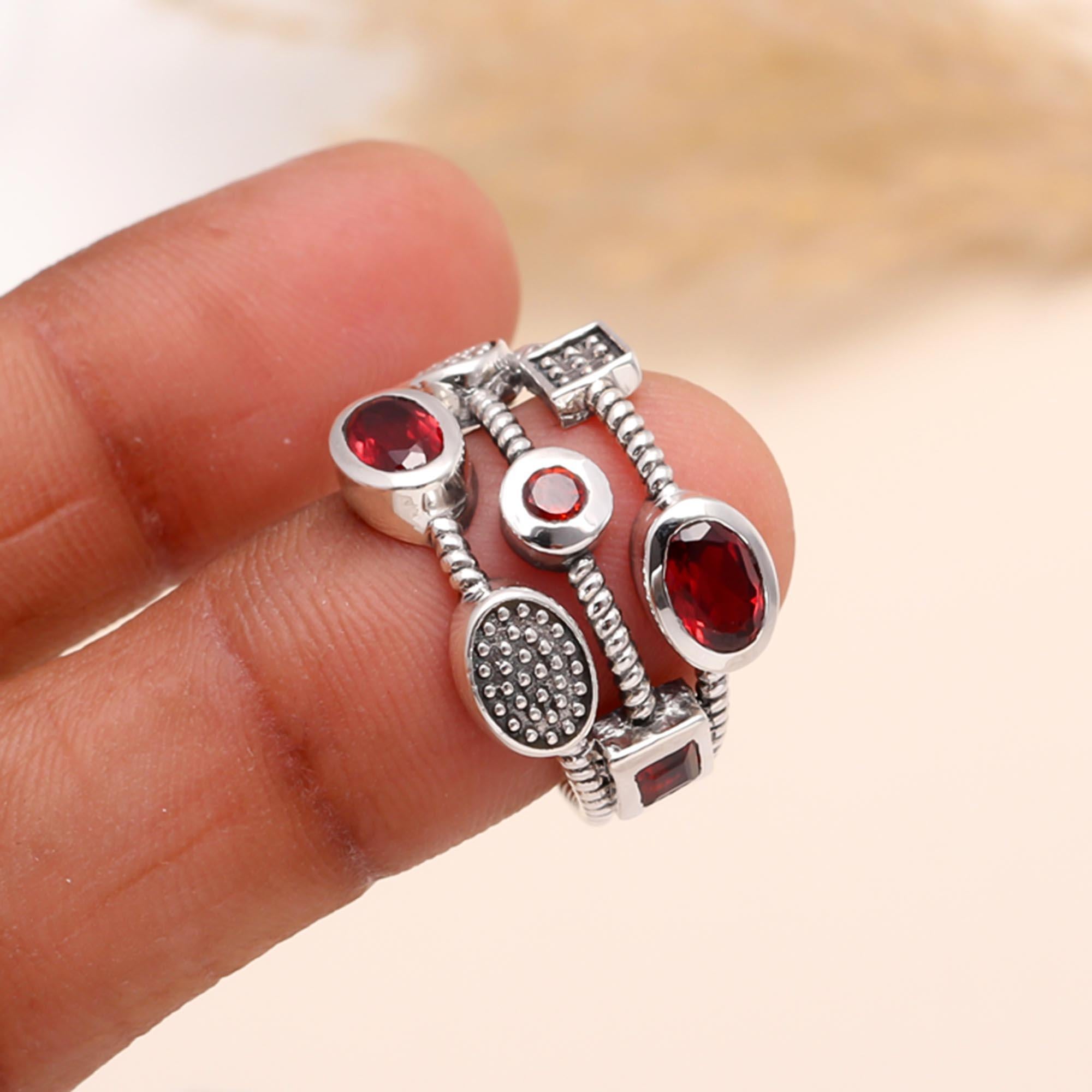 925 Sterling Silver Multi-Garnet Boho Statement Ring