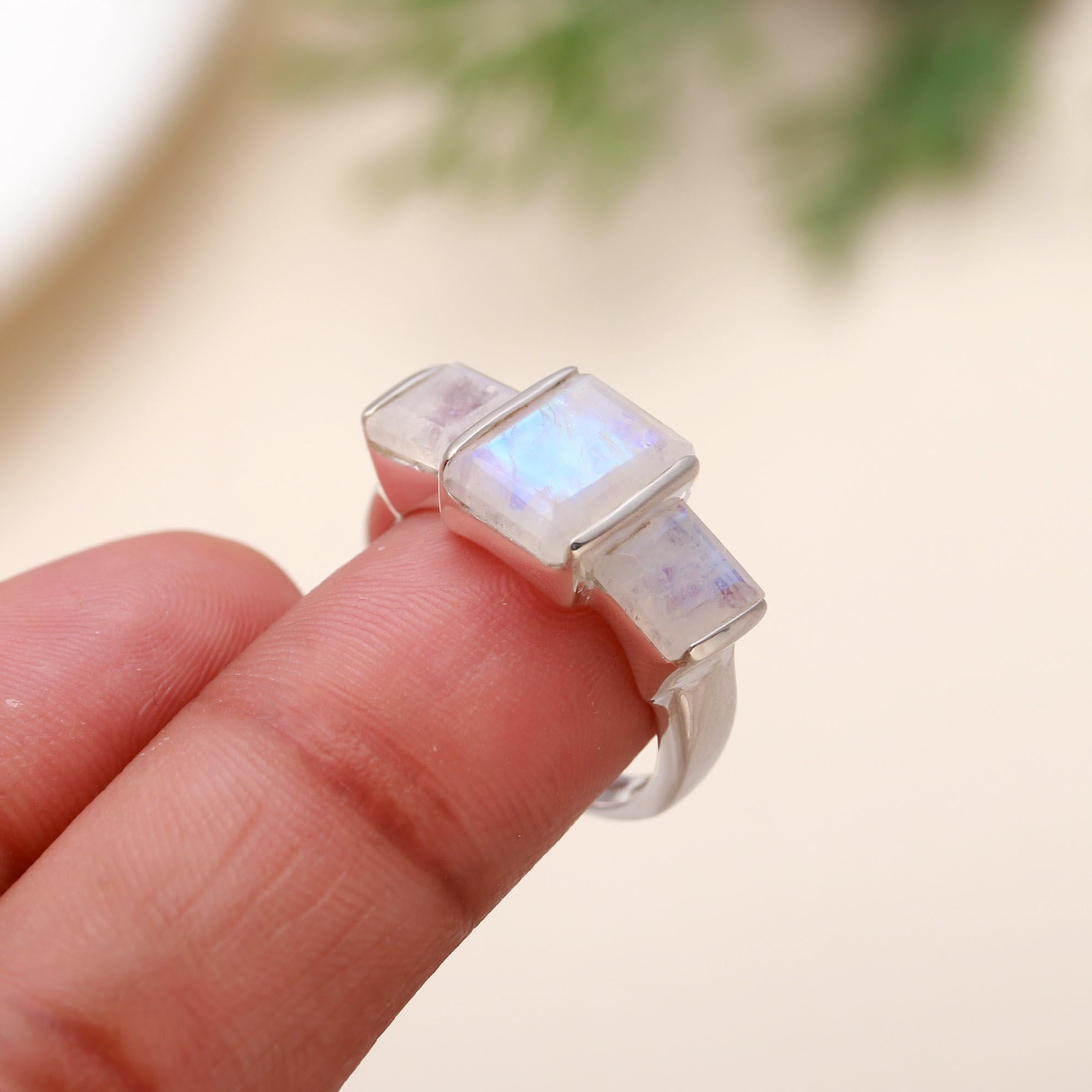 925 Silver Triple Rainbow Moonstone Ring