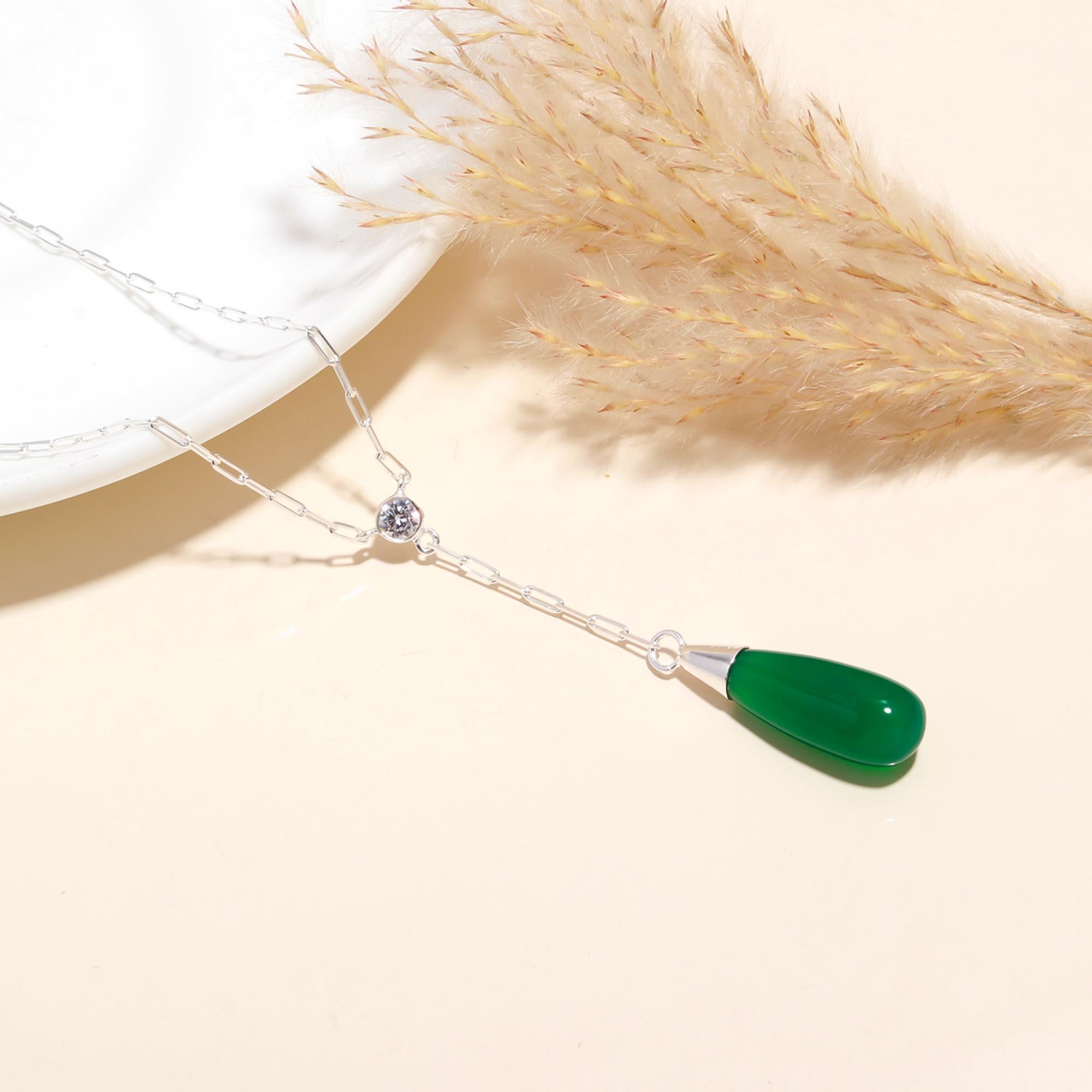 925 Sterling Silver Green Chalcedony Teardrop Necklace