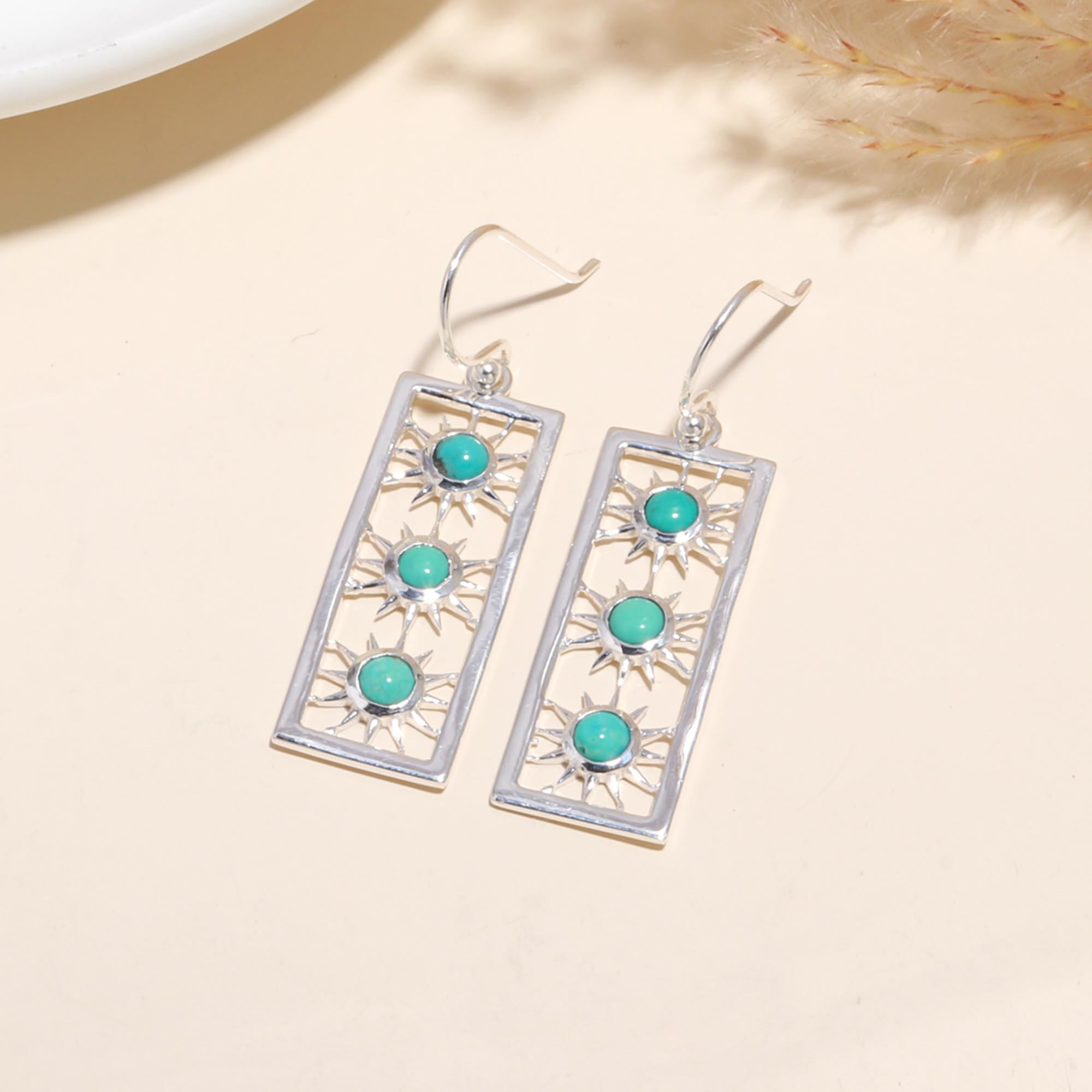 925 Sterling Silver Rectangle Turquoise Sunburst Dangle Earrings