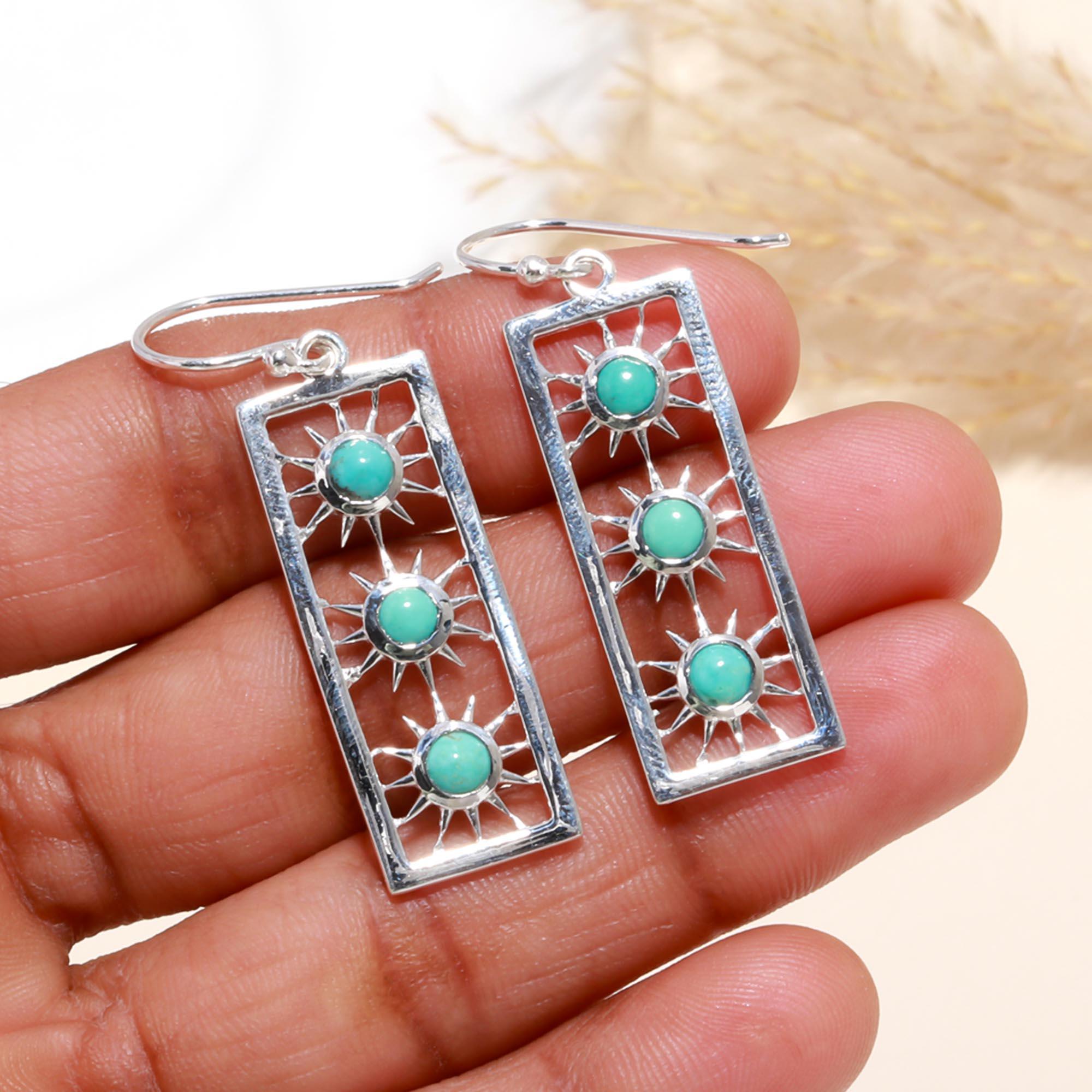 925 Sterling Silver Rectangle Turquoise Sunburst Dangle Earrings