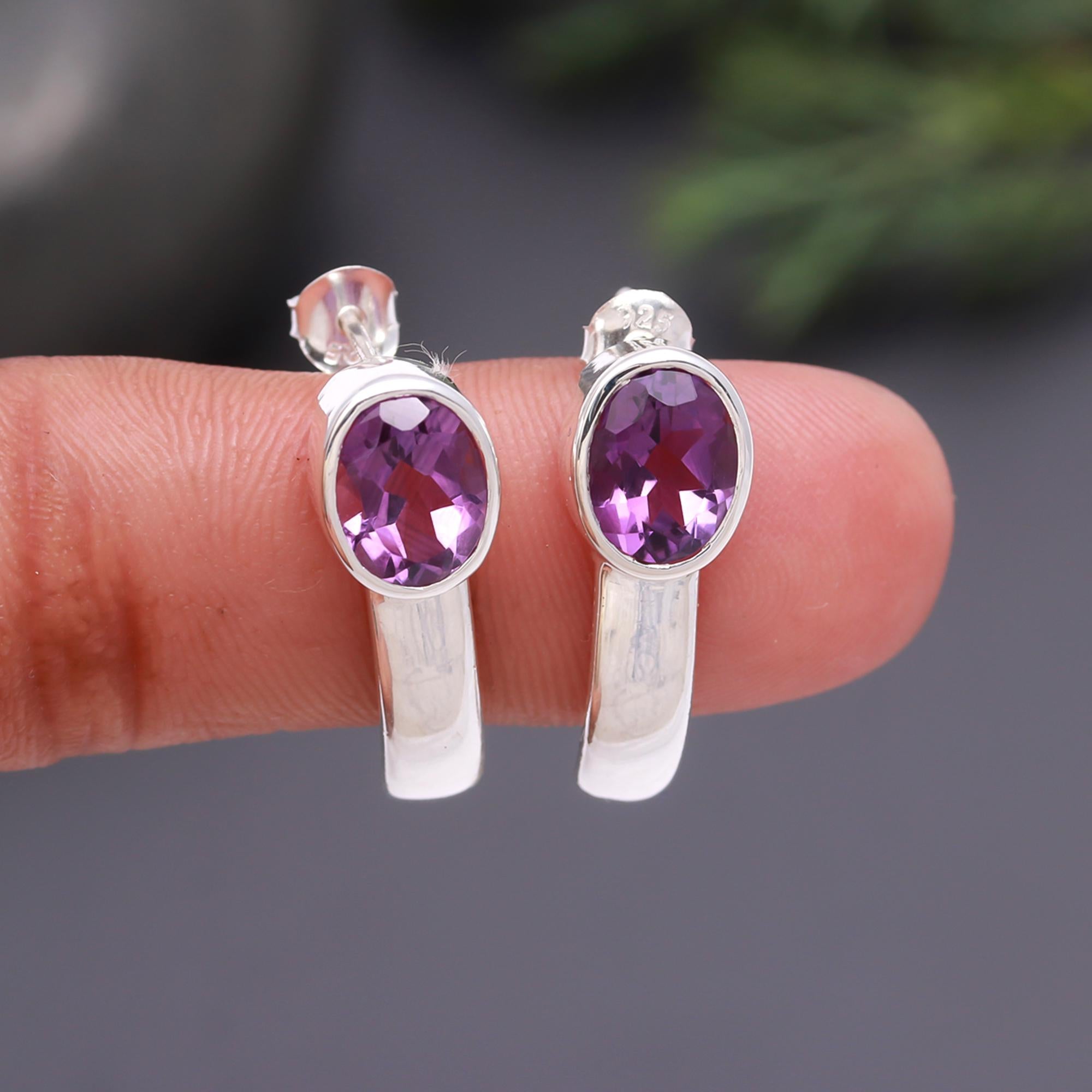 925 Silver Oval Amethyst Stud Earrings