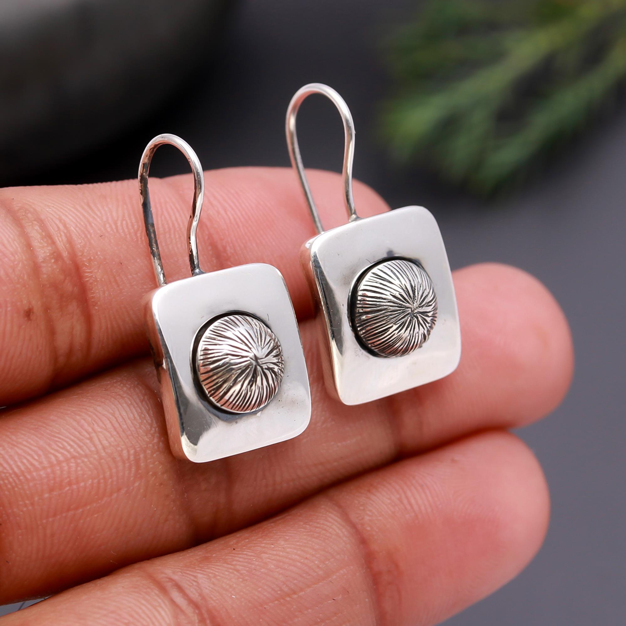 925 Silver Sunburst Dome Square Earrings