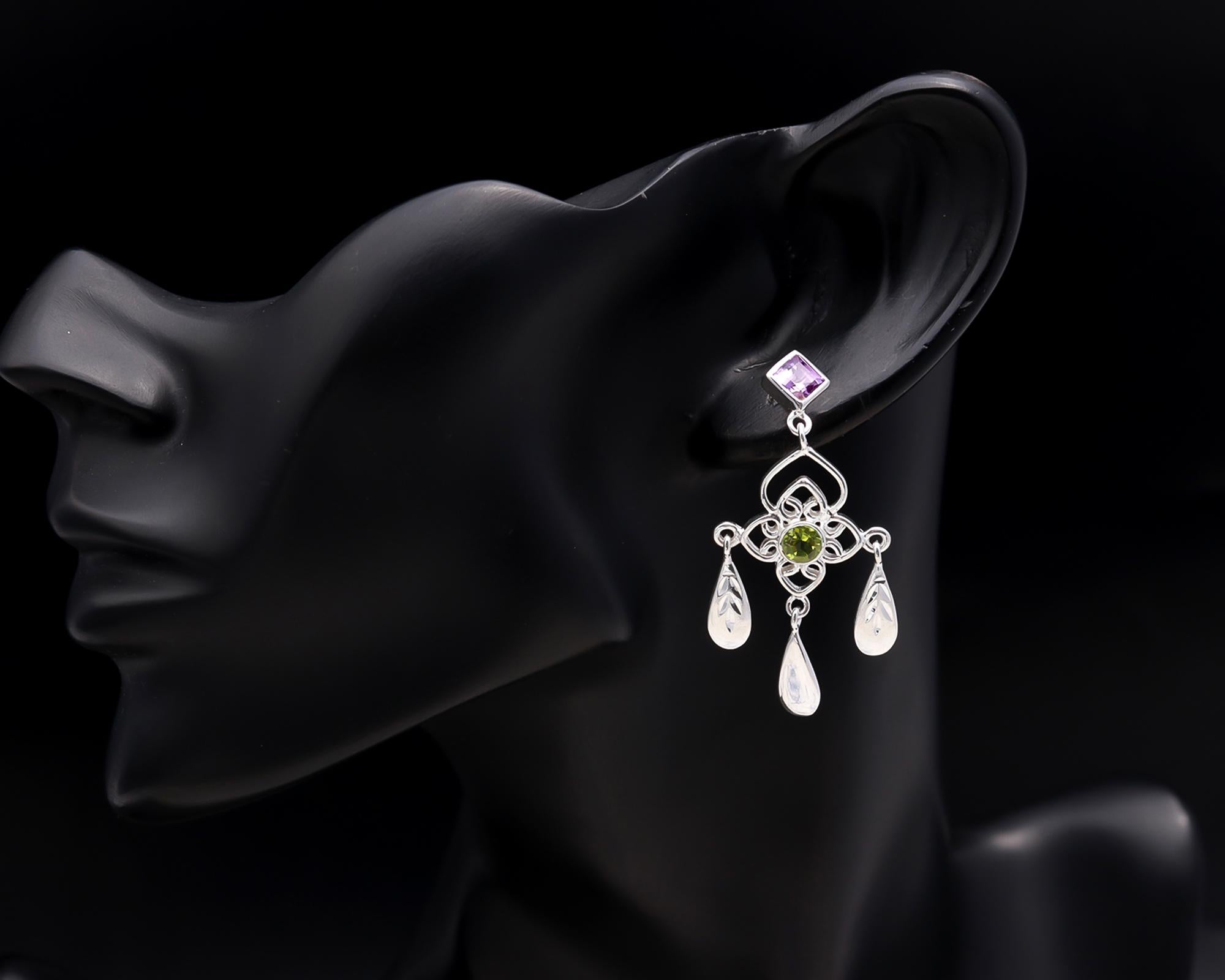 925 Silver Floral Peridot and Amethyst Dangle Earrings