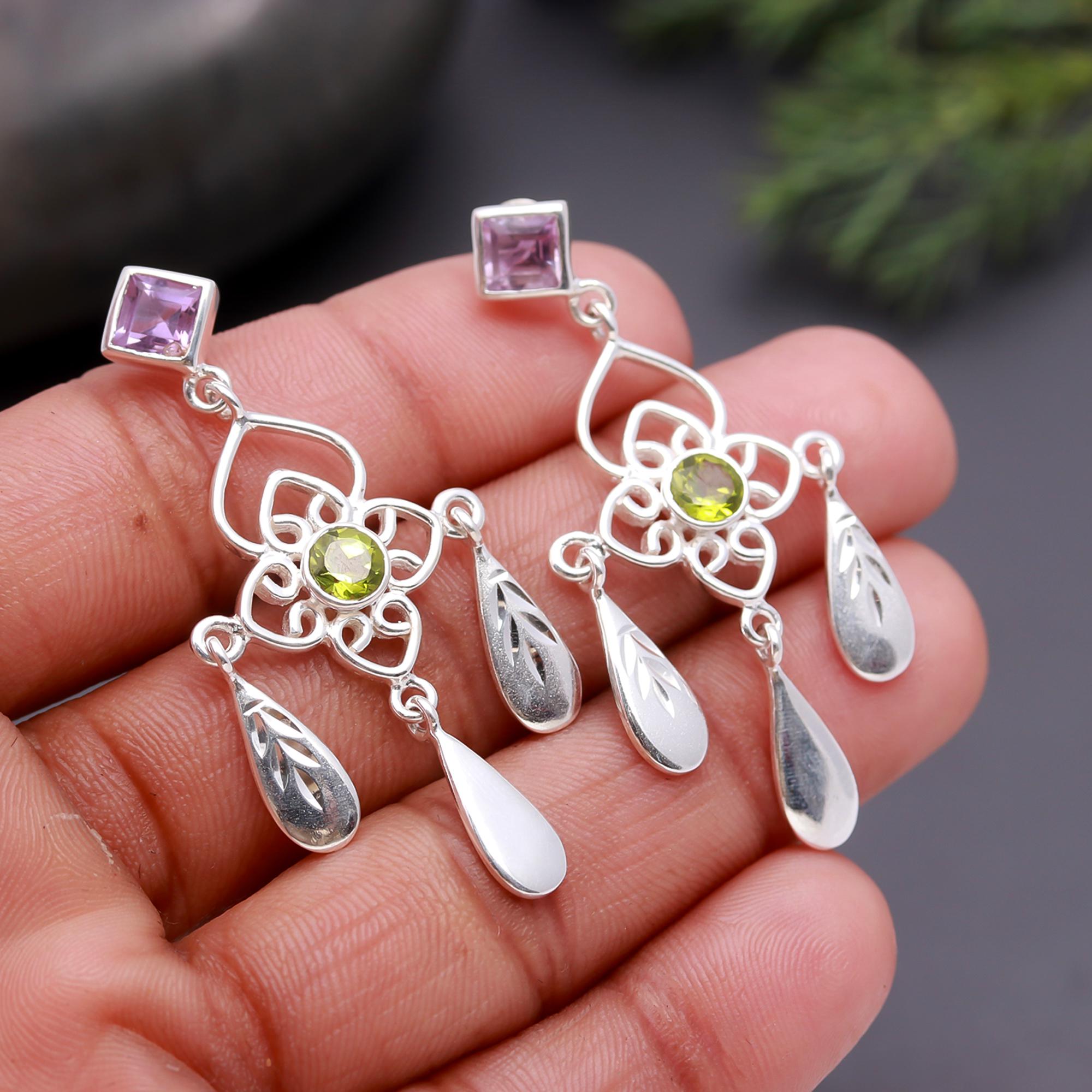 925 Silver Floral Peridot and Amethyst Dangle Earrings