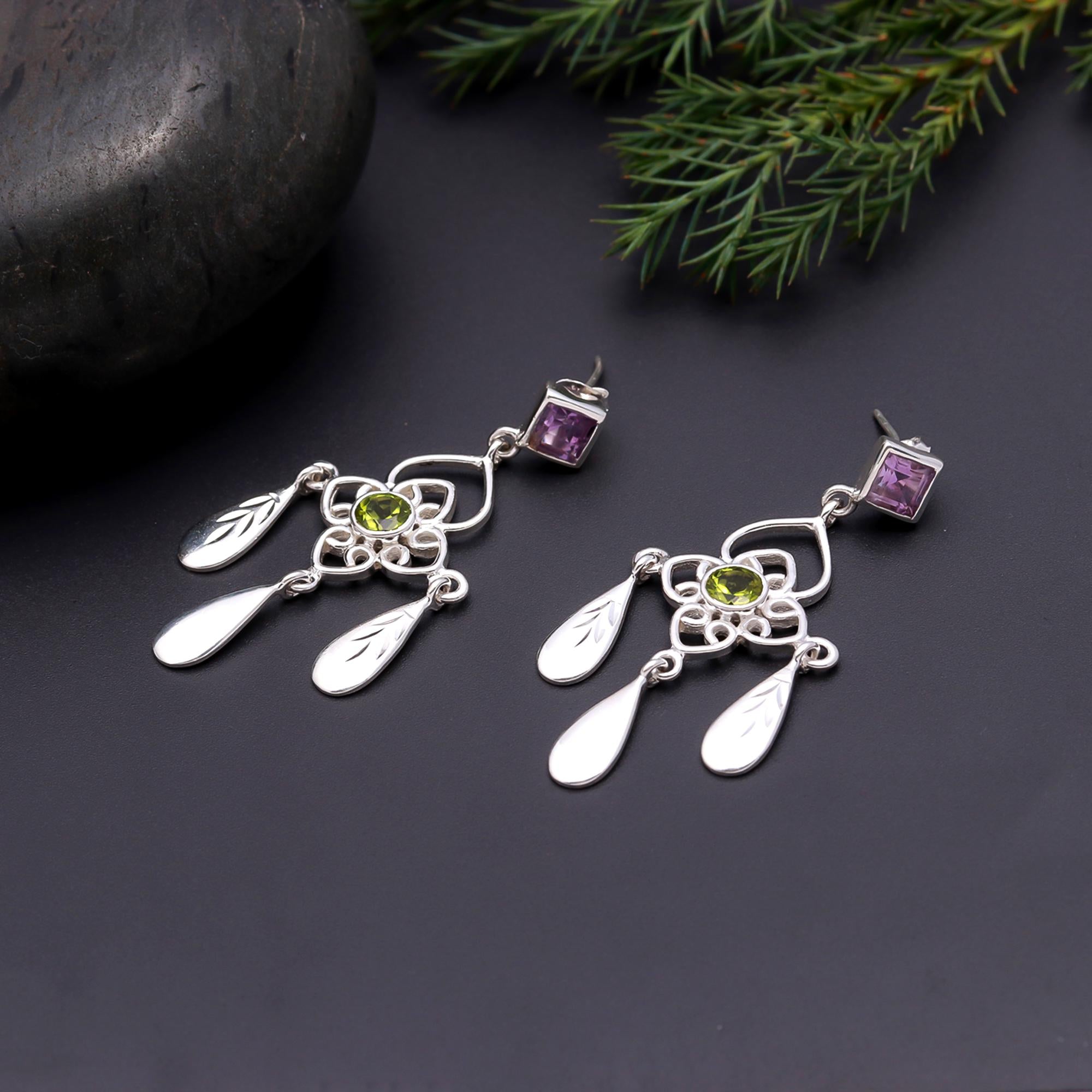 925 Silver Floral Peridot and Amethyst Dangle Earrings