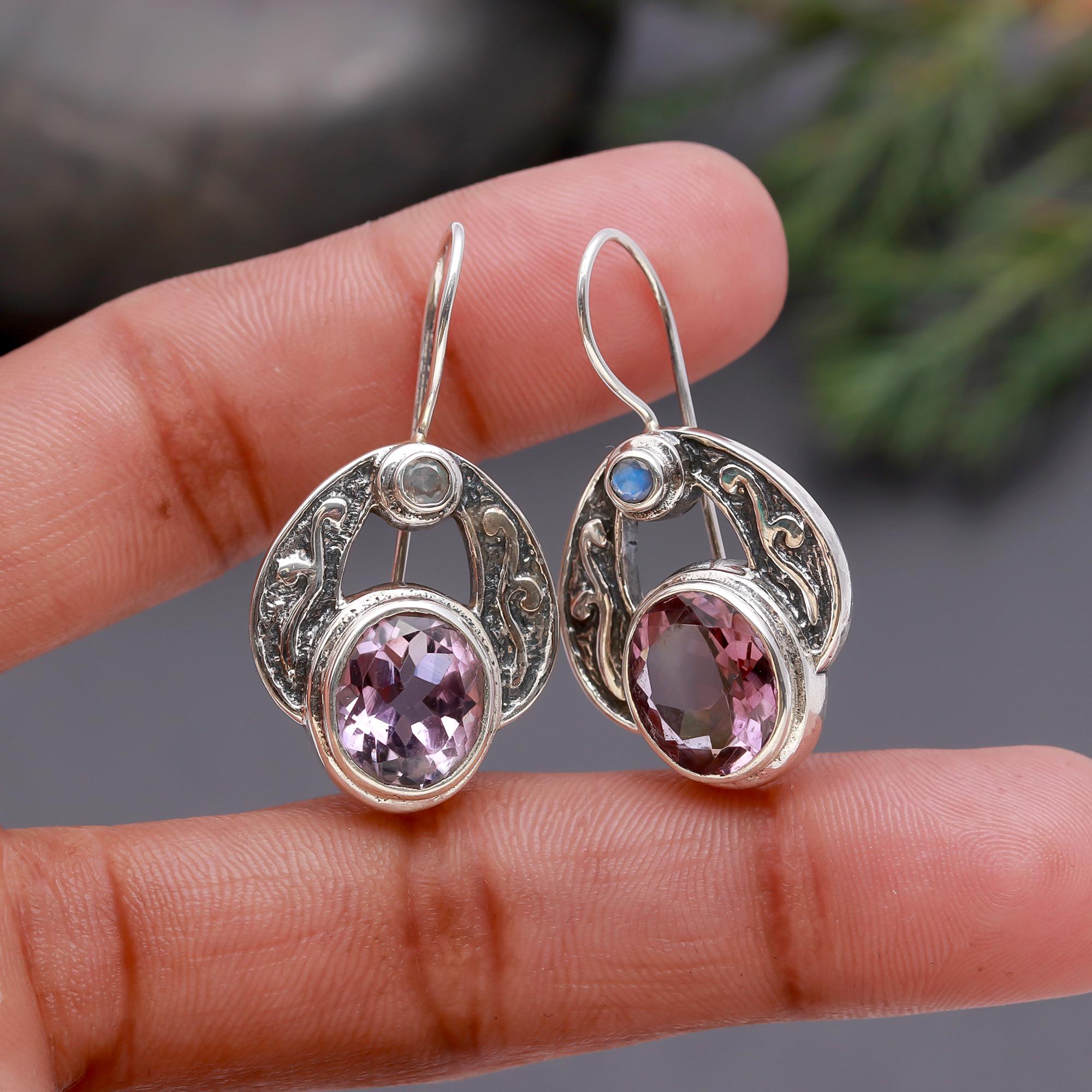 925 Silver Amethyst and Moonstone Dangle Earrings