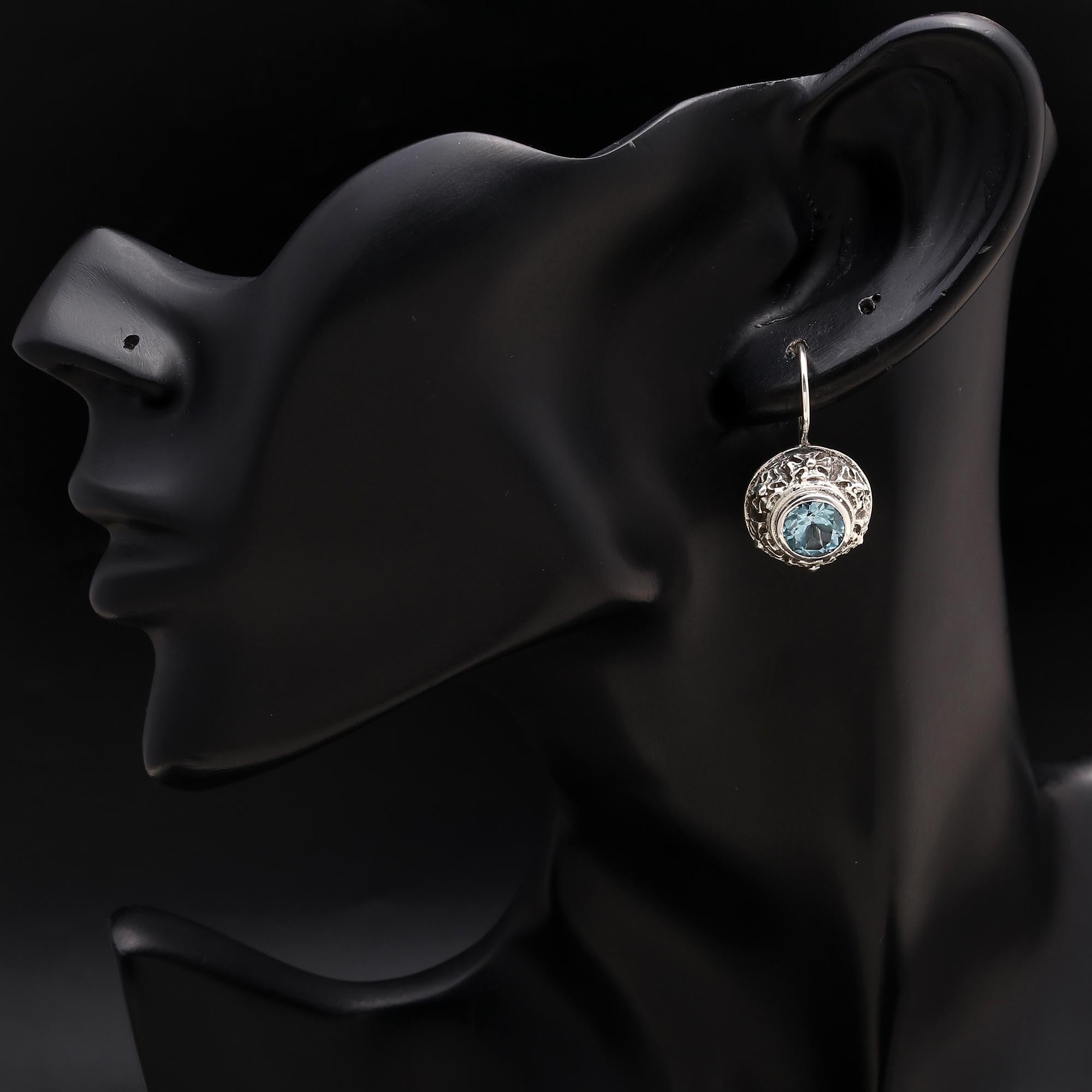 925 Silver Blue Topaz Textured Frame Dangle Earrings