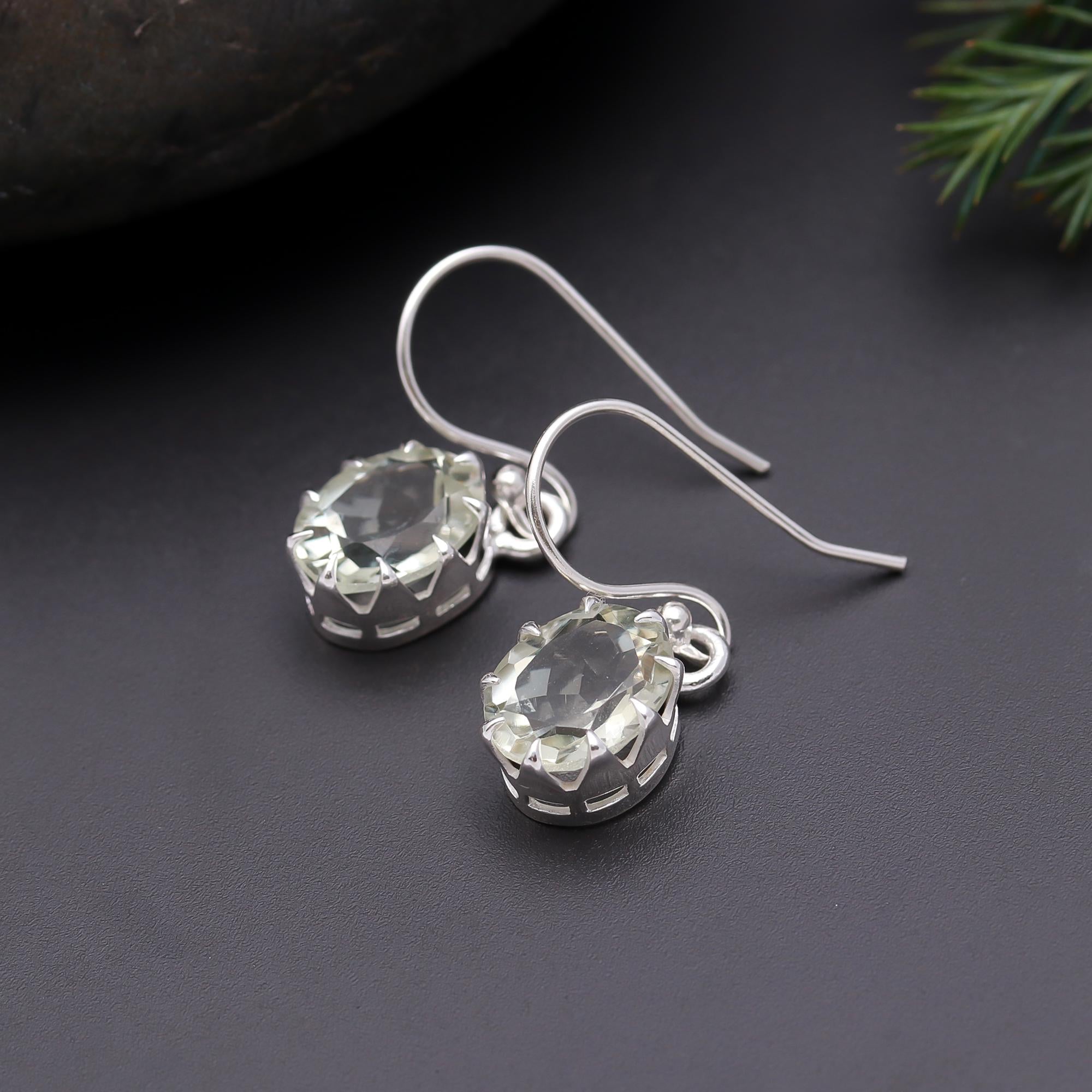 925 Silver Oval Green Amethyst Dangle Earrings