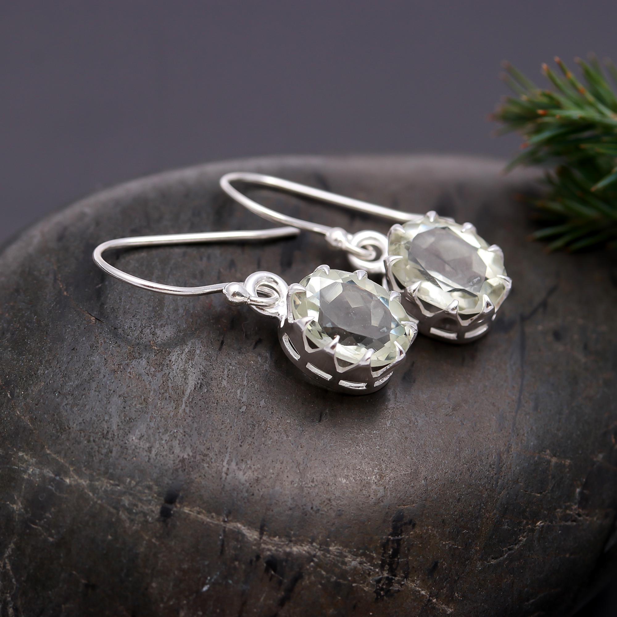 925 Silver Oval Green Amethyst Dangle Earrings