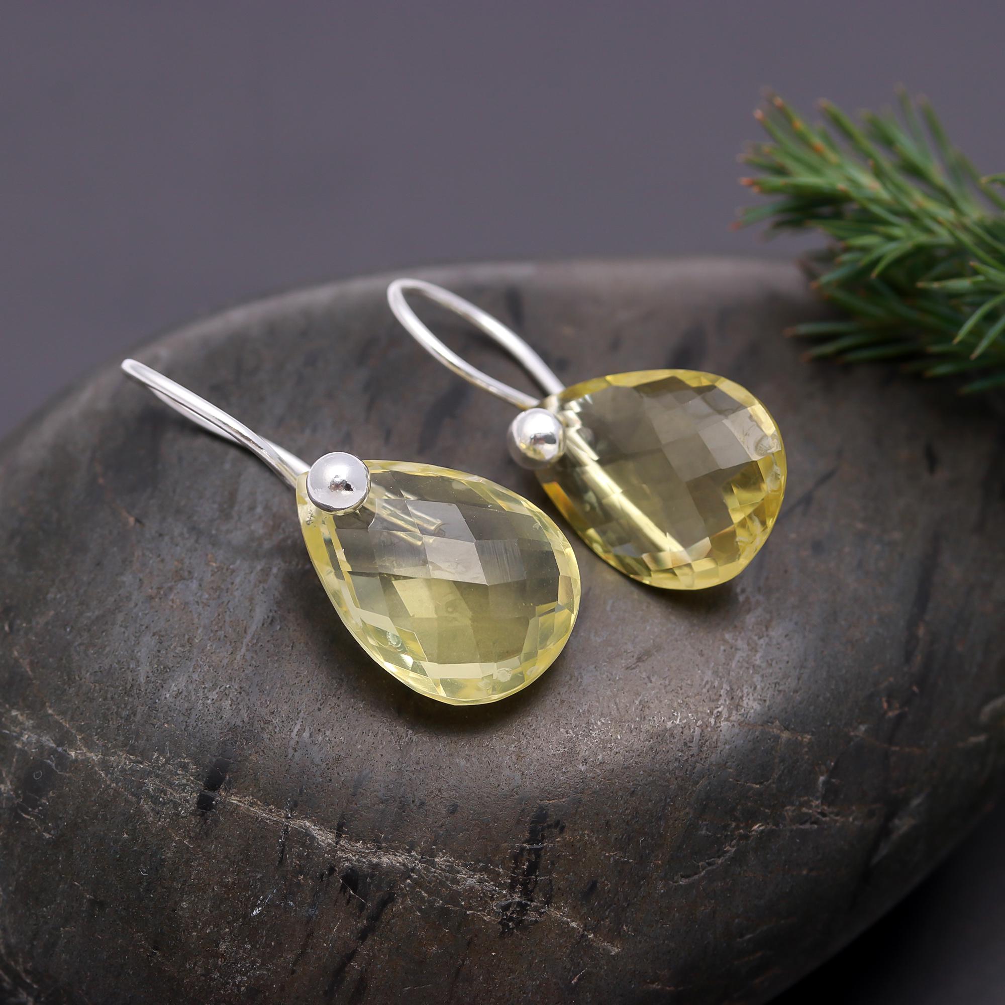 925 Silver Faceted Lemon Quartz Teardrop Dangle Earrings