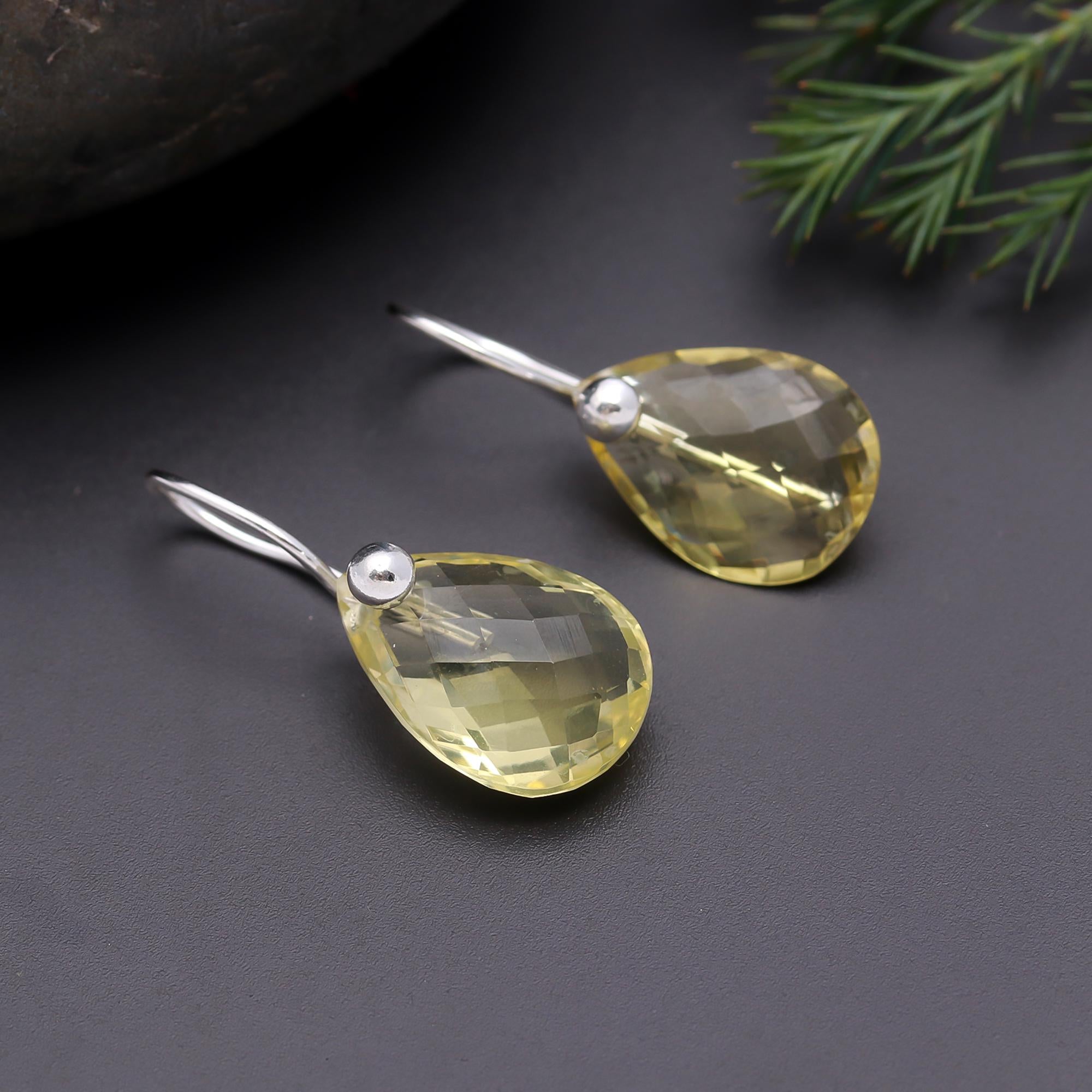 925 Silver Faceted Lemon Quartz Teardrop Dangle Earrings