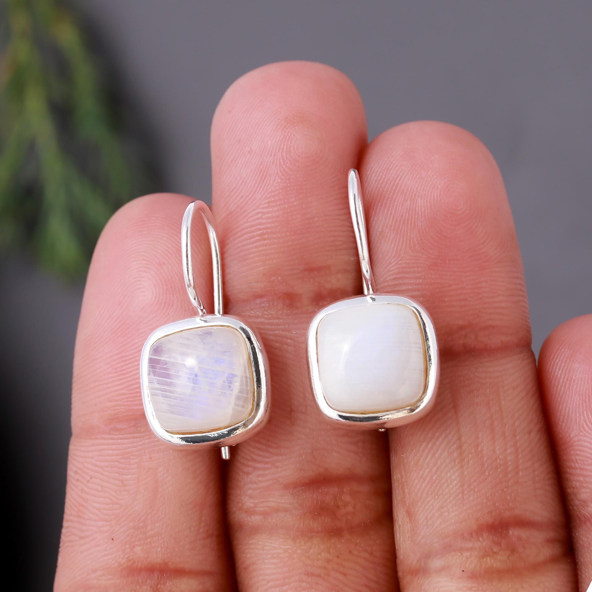 925 Silver Cushion Rainbow Moonstone Dangle Earrings