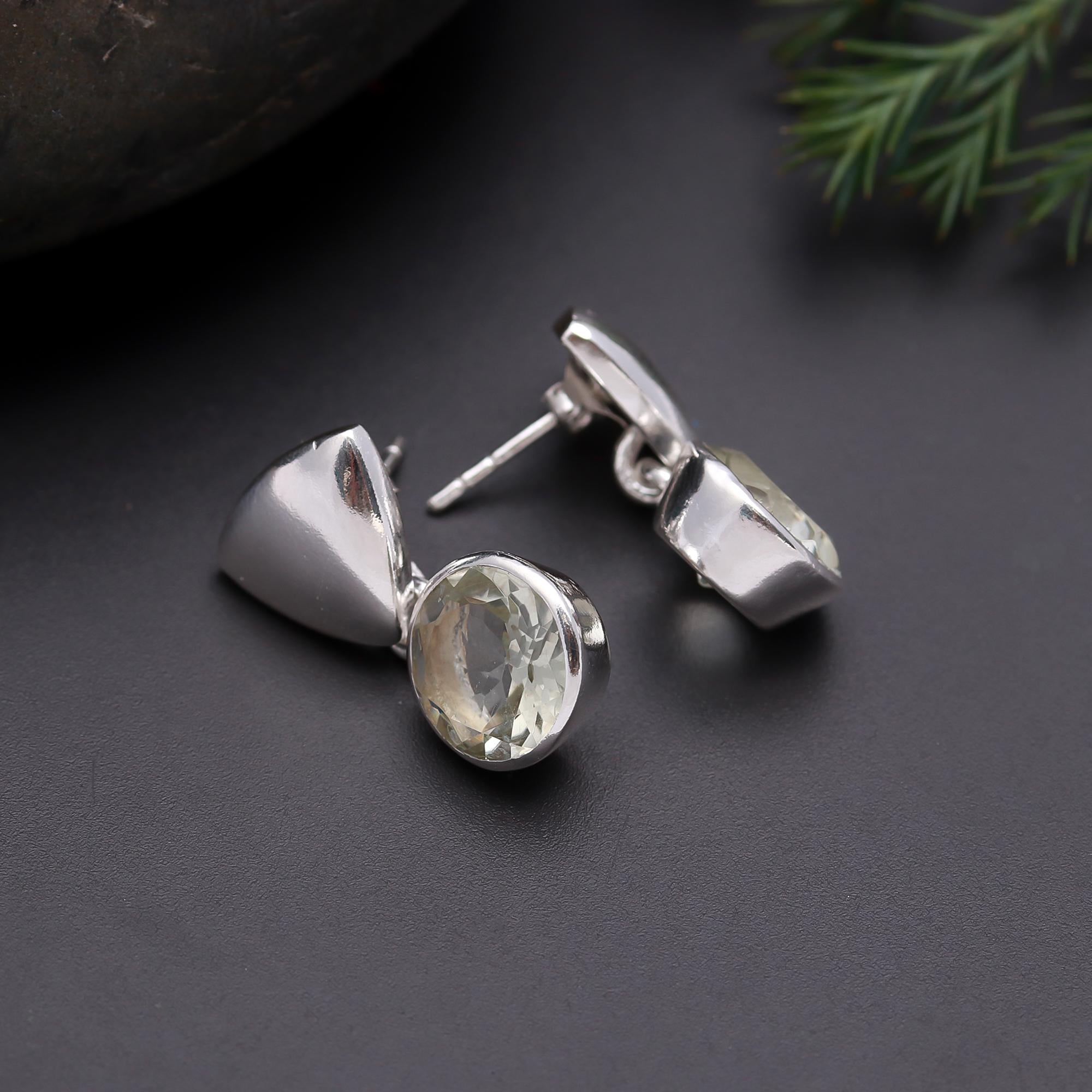 925 Silver Round Green Amethyst Drop Earrings