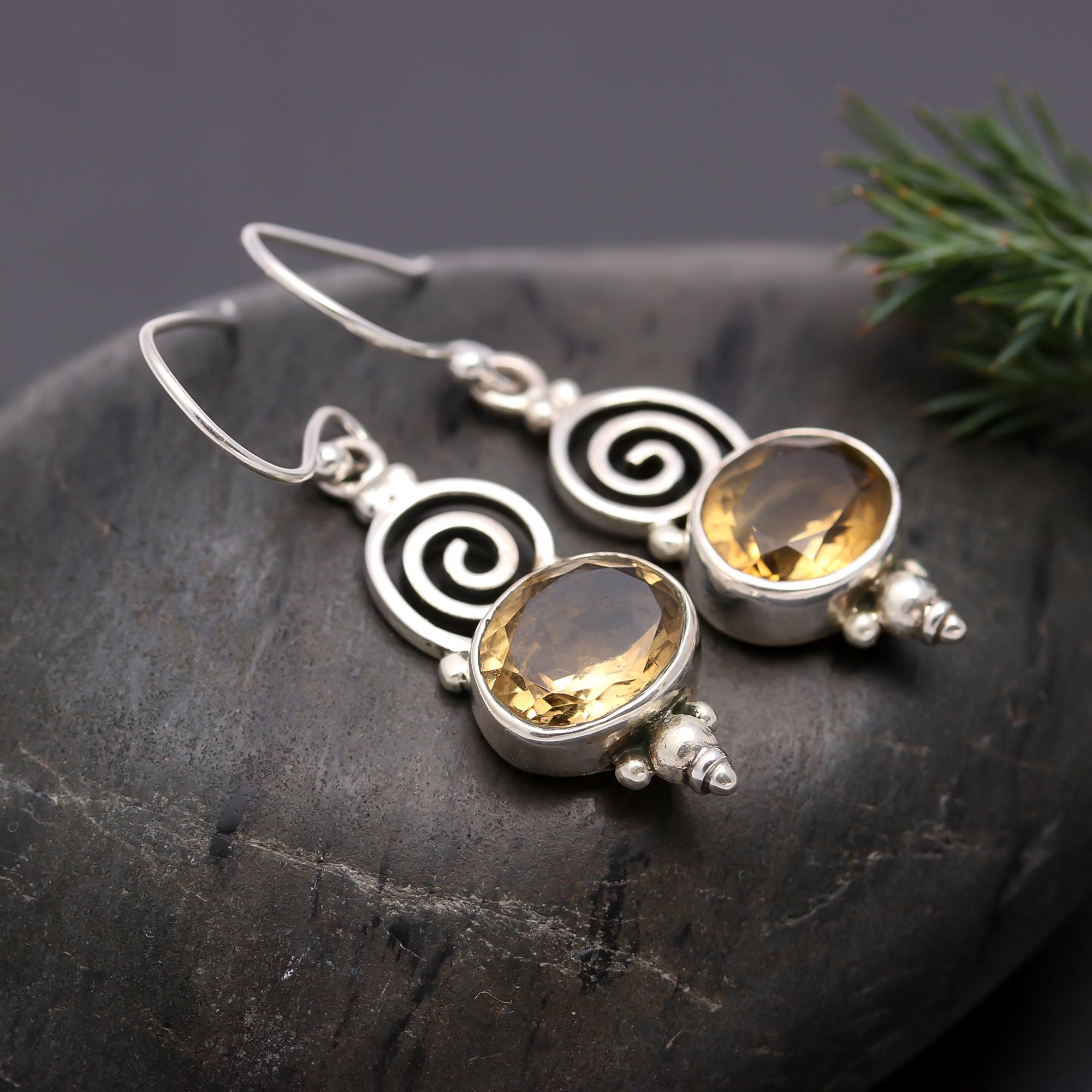 925 Silver Spiral Citrine Dangle Earrings
