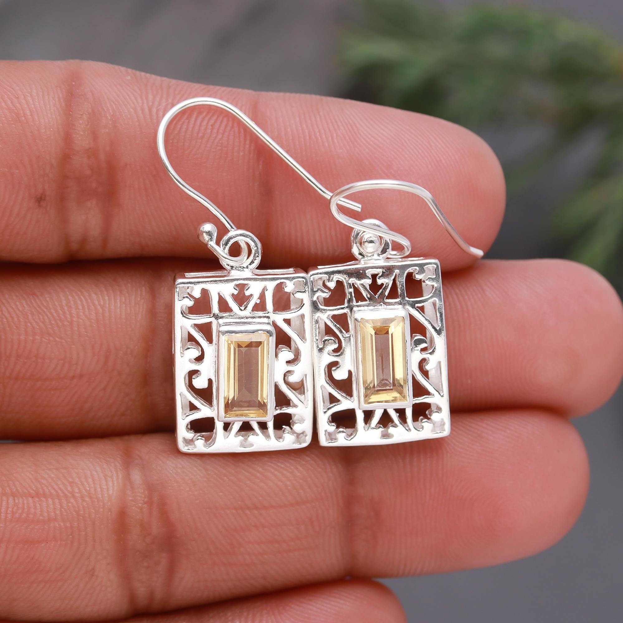 925 Silver Citrine Filigree Dangle Earrings