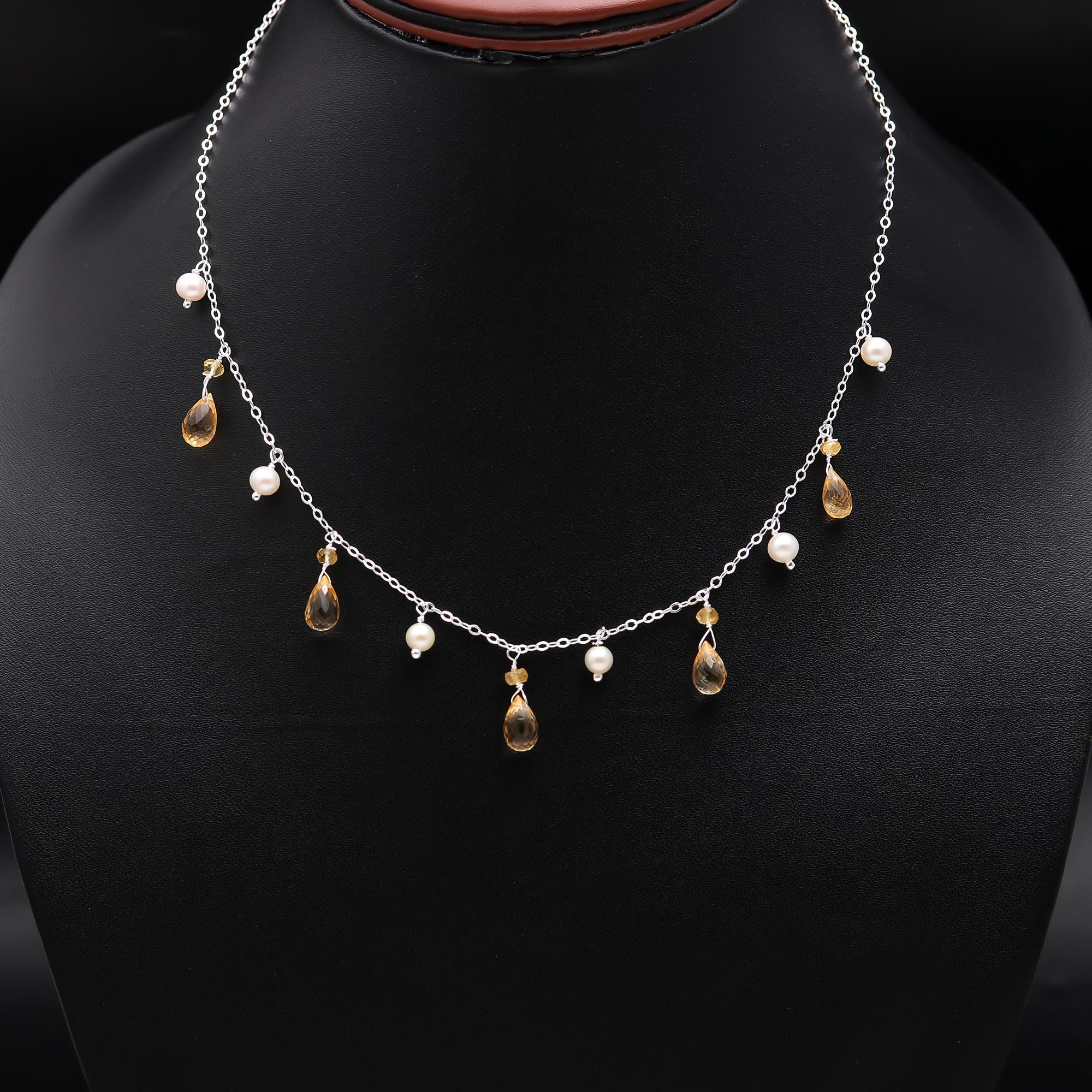 925 Silver Citrine and Pearl Necklace