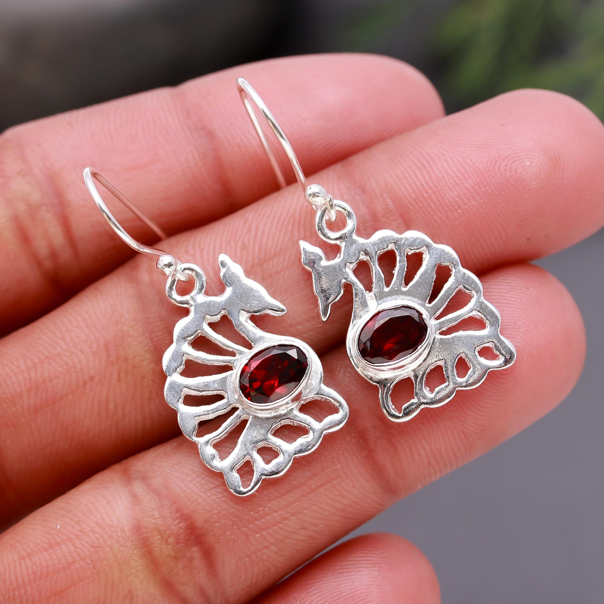 925 Silver Garnet Dangle Earrings