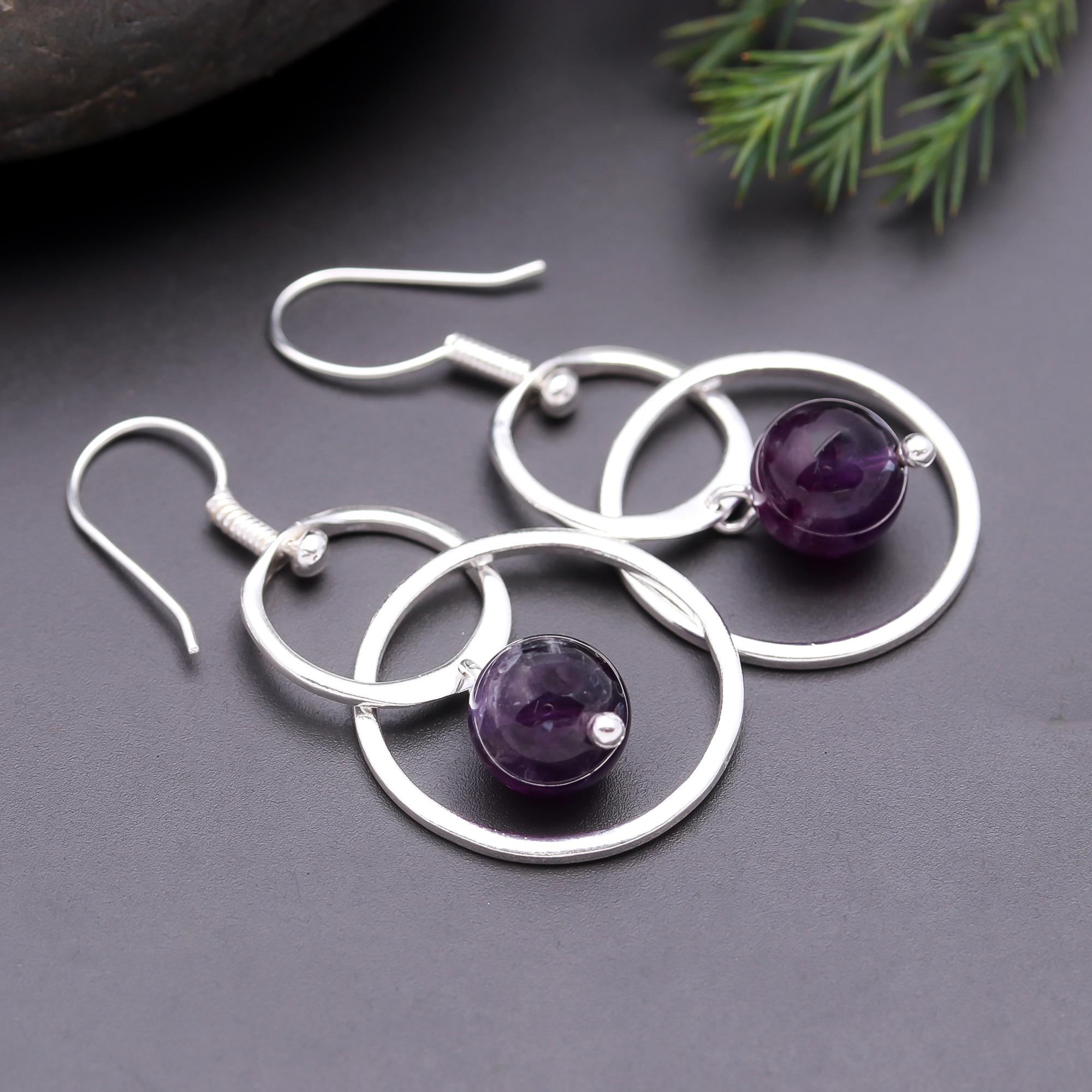 925 Silver Amethyst Bead Double Hoop Dangle Earrings