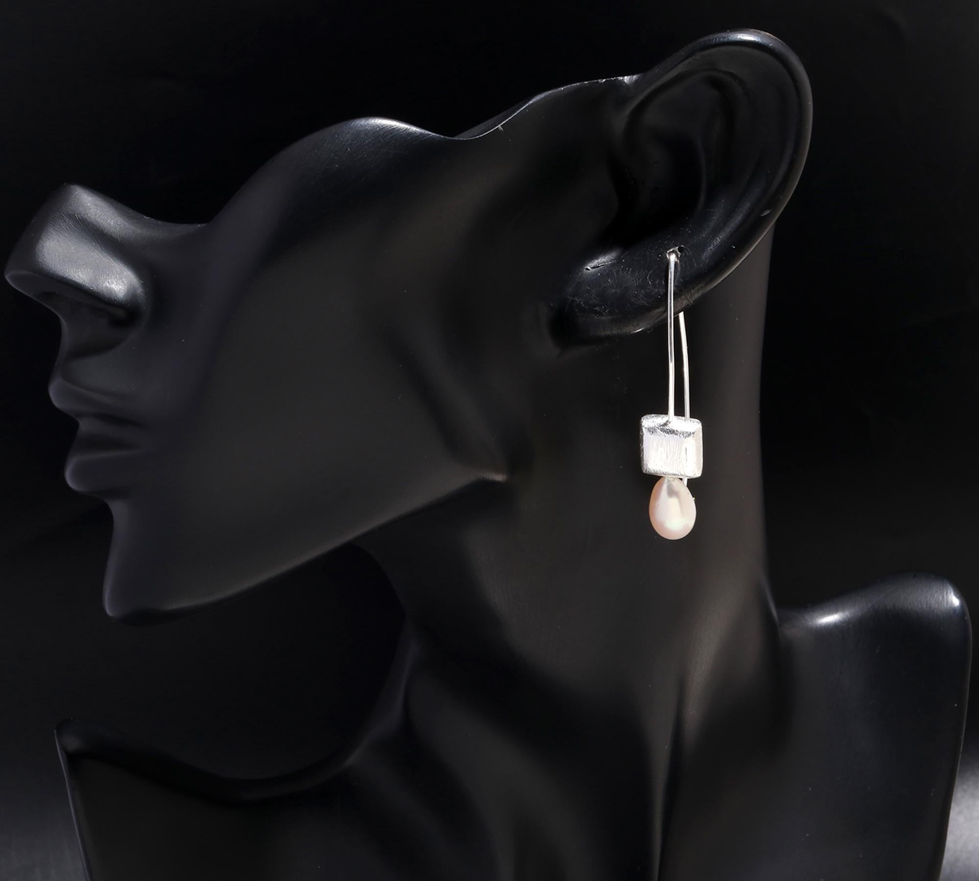 925 Silver Freshwater Pearls Long Wire Drop Earrings