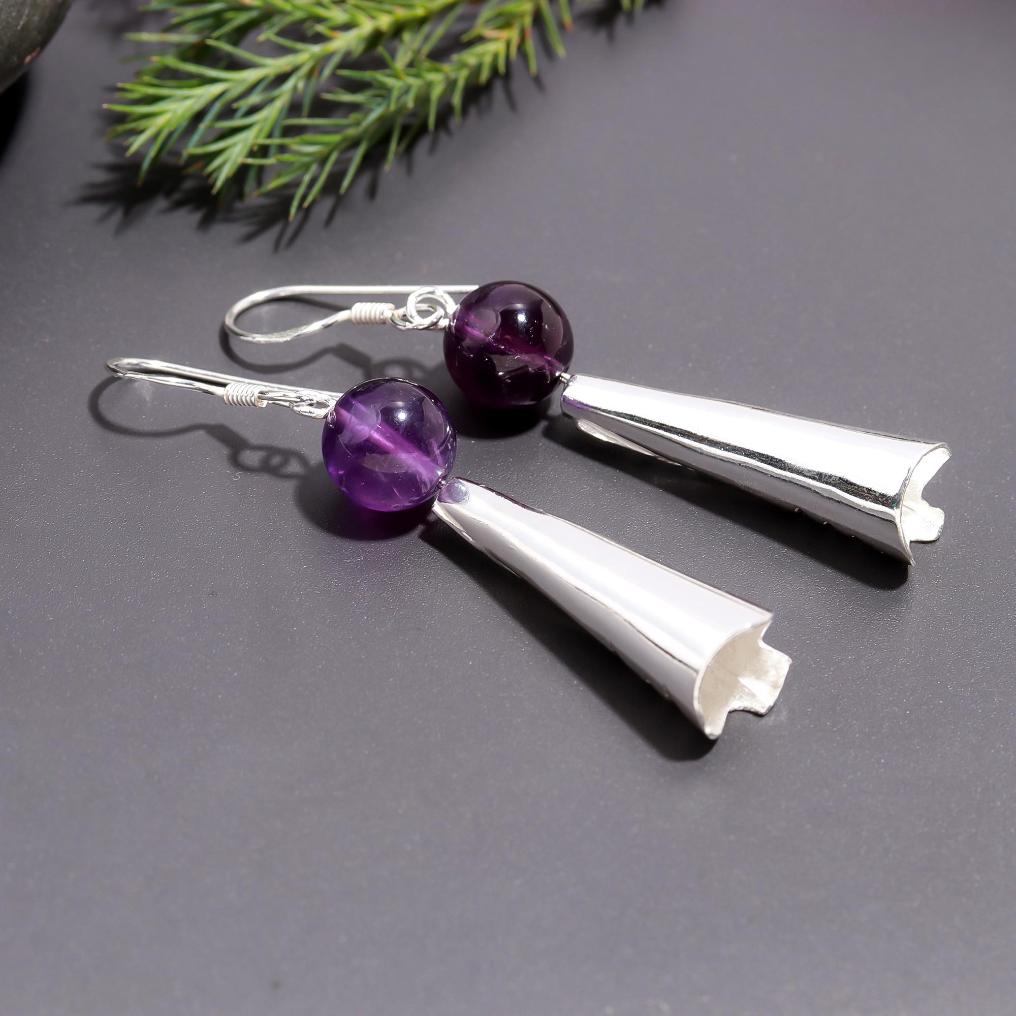 925 Silver Amethyst Bead Cone Dangle Earrings