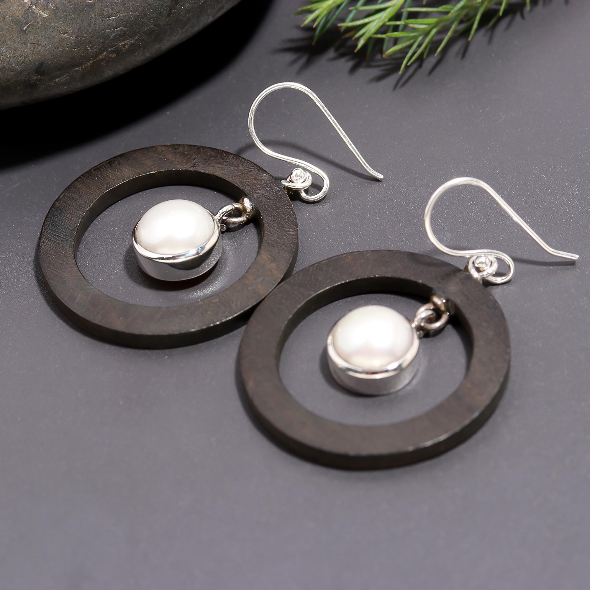 925 Silver Round Wood Hoop Pearl Dangle Earrings
