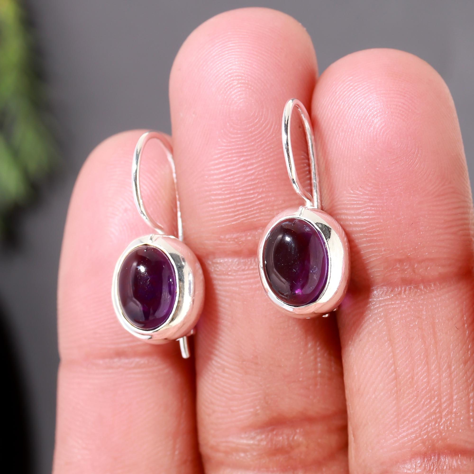 925 Silver Oval Amethyst Dangle Earrings