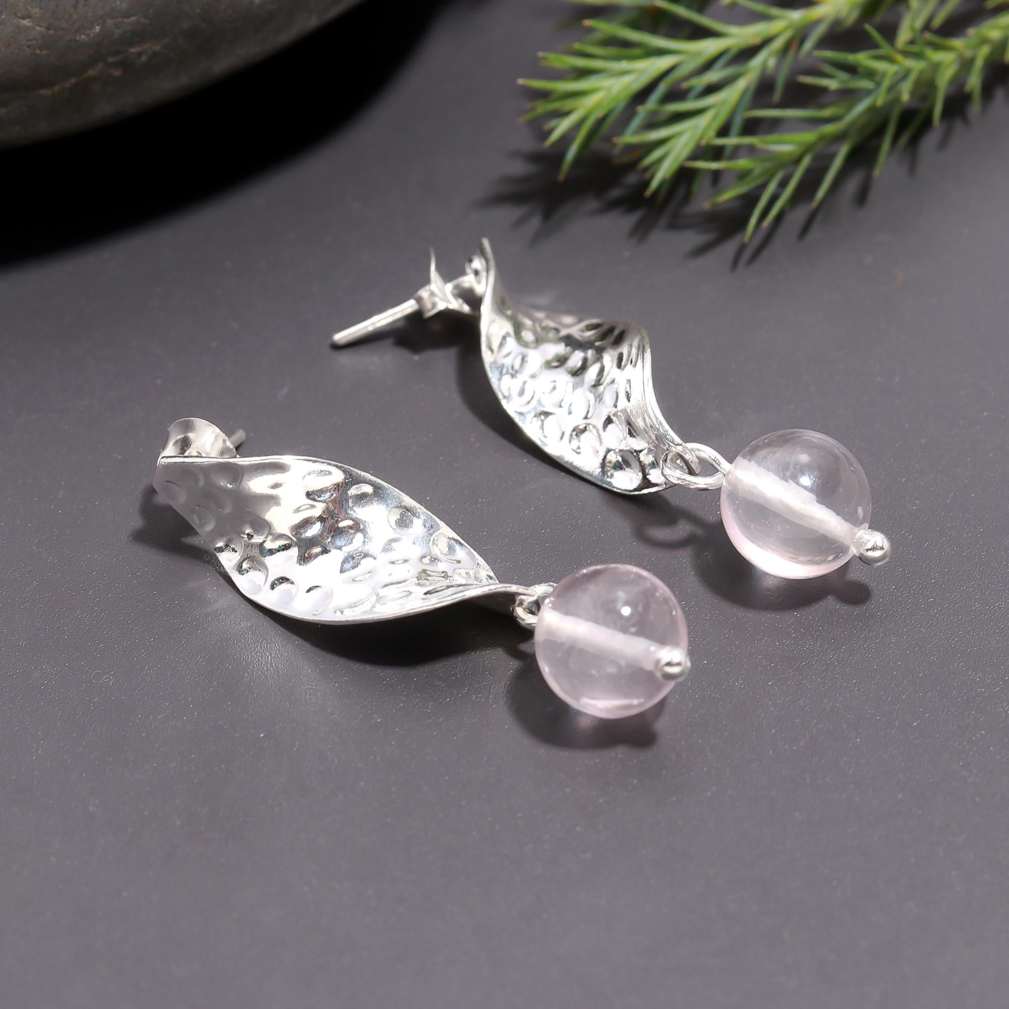 925 Silver Hammered Leaf Rose Quartz Drop Earrings