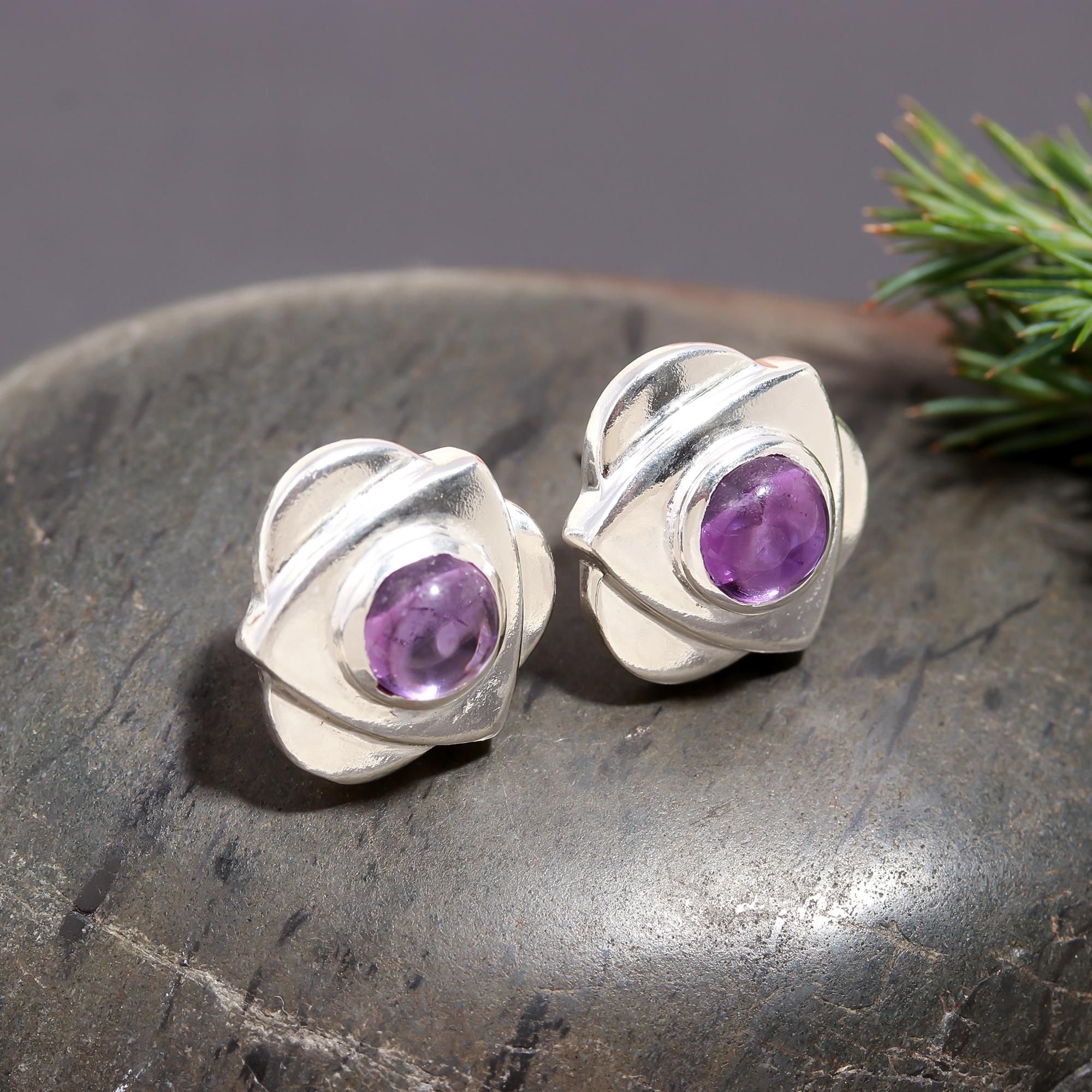 925 Silver Amethyst Floral Stud Earrings
