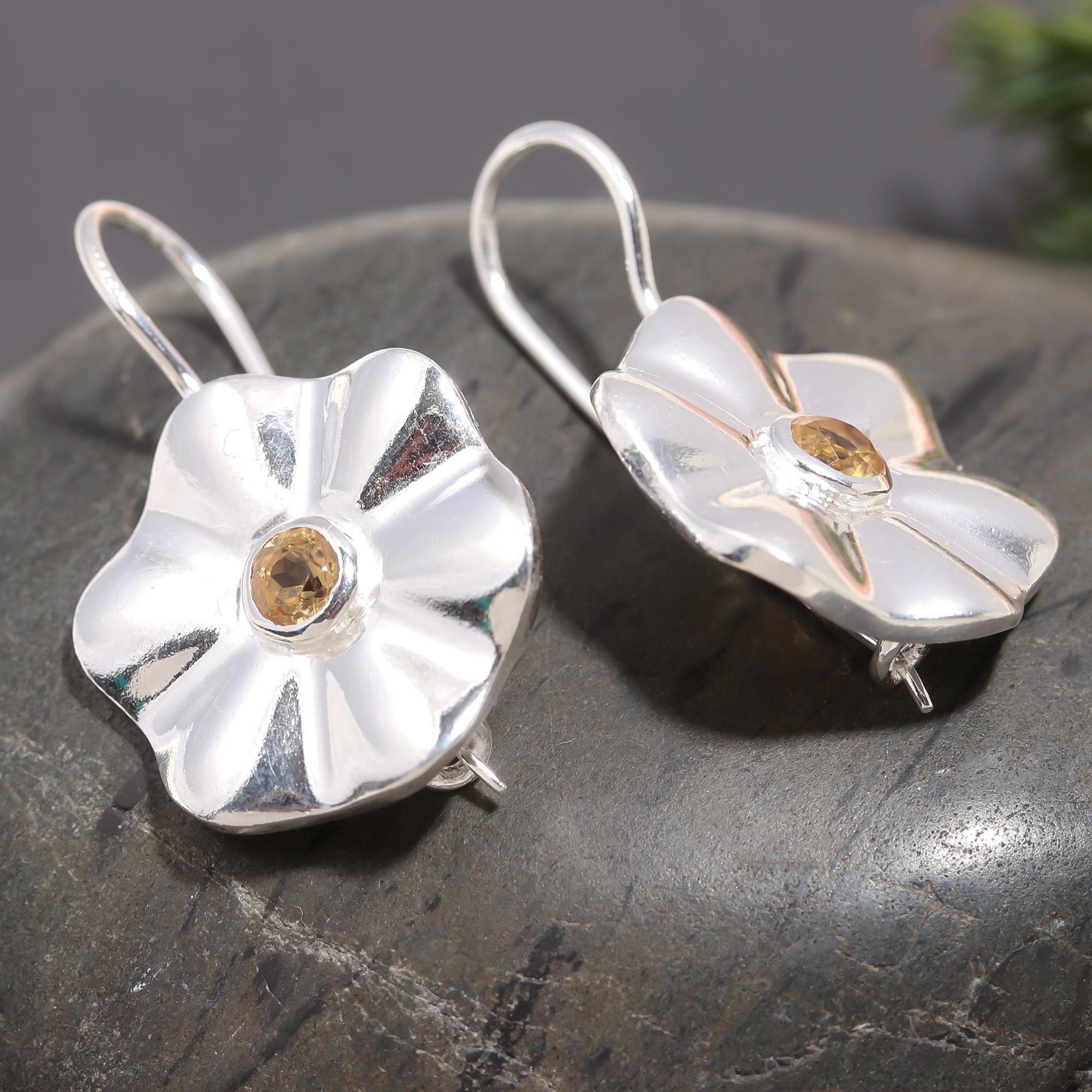 925 Silver Floral Citrine Dangle Earrings