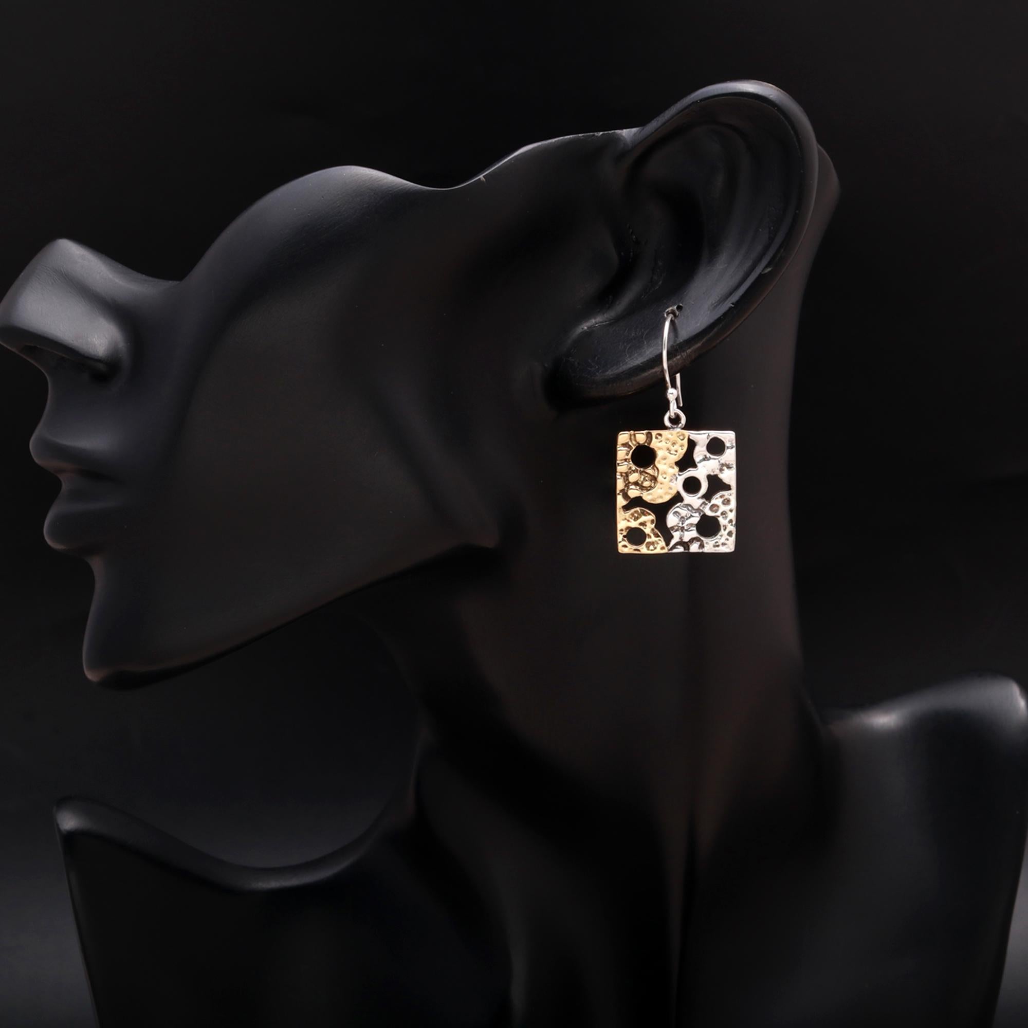 925 Silver Two-Tone Square Textured Dangle Earrings