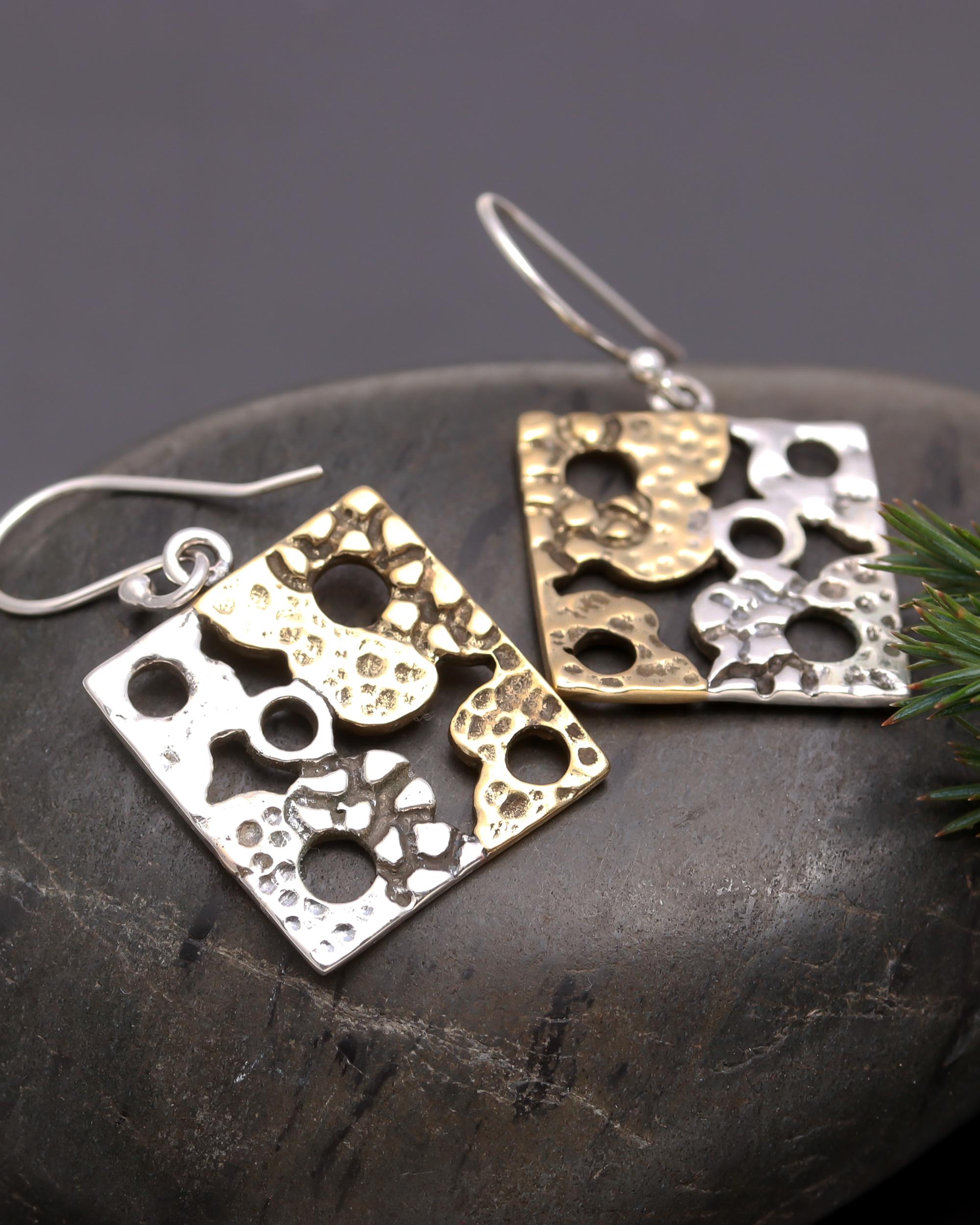 925 Silver Two-Tone Square Textured Dangle Earrings
