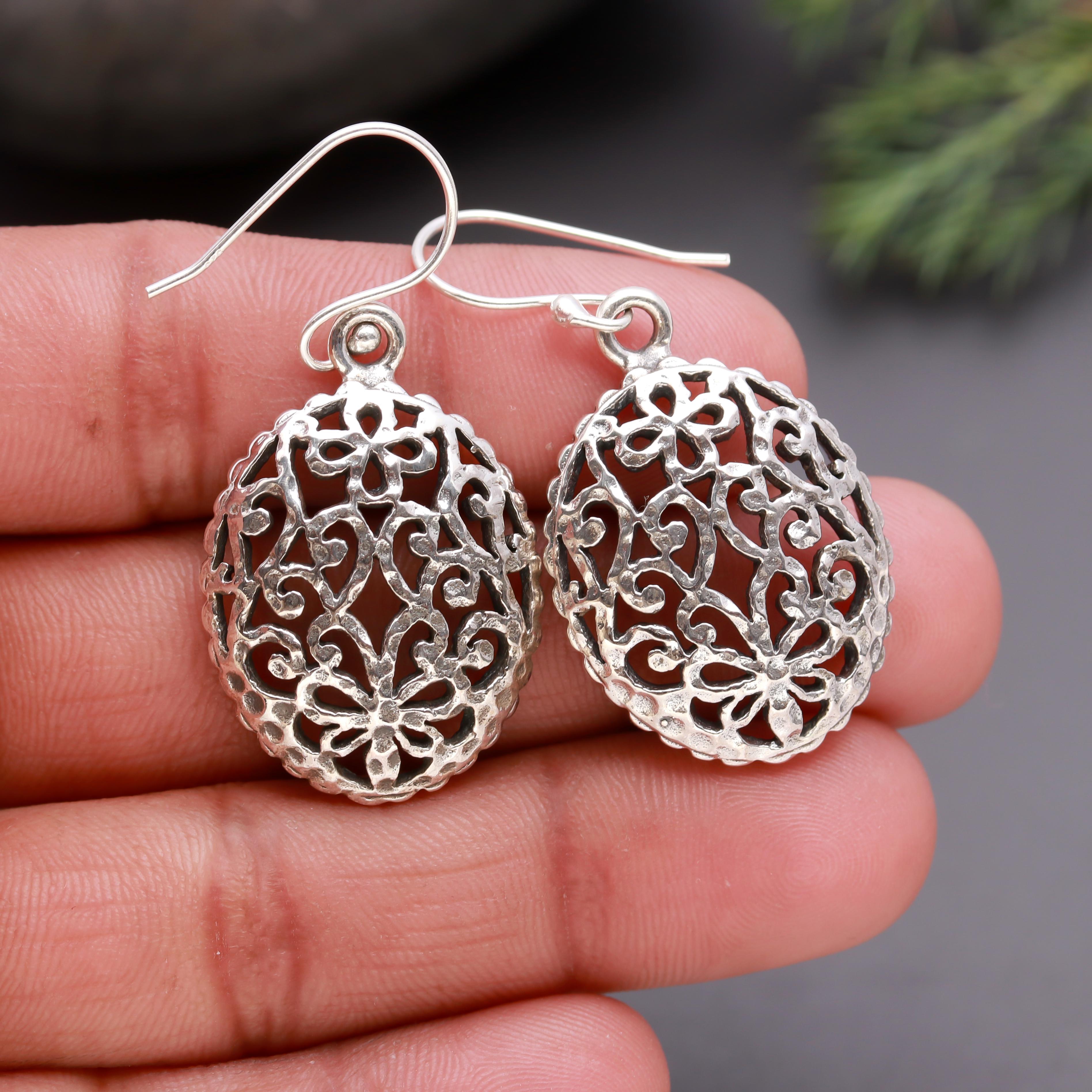 925 Silver Oval Filigree Dangle Earrings