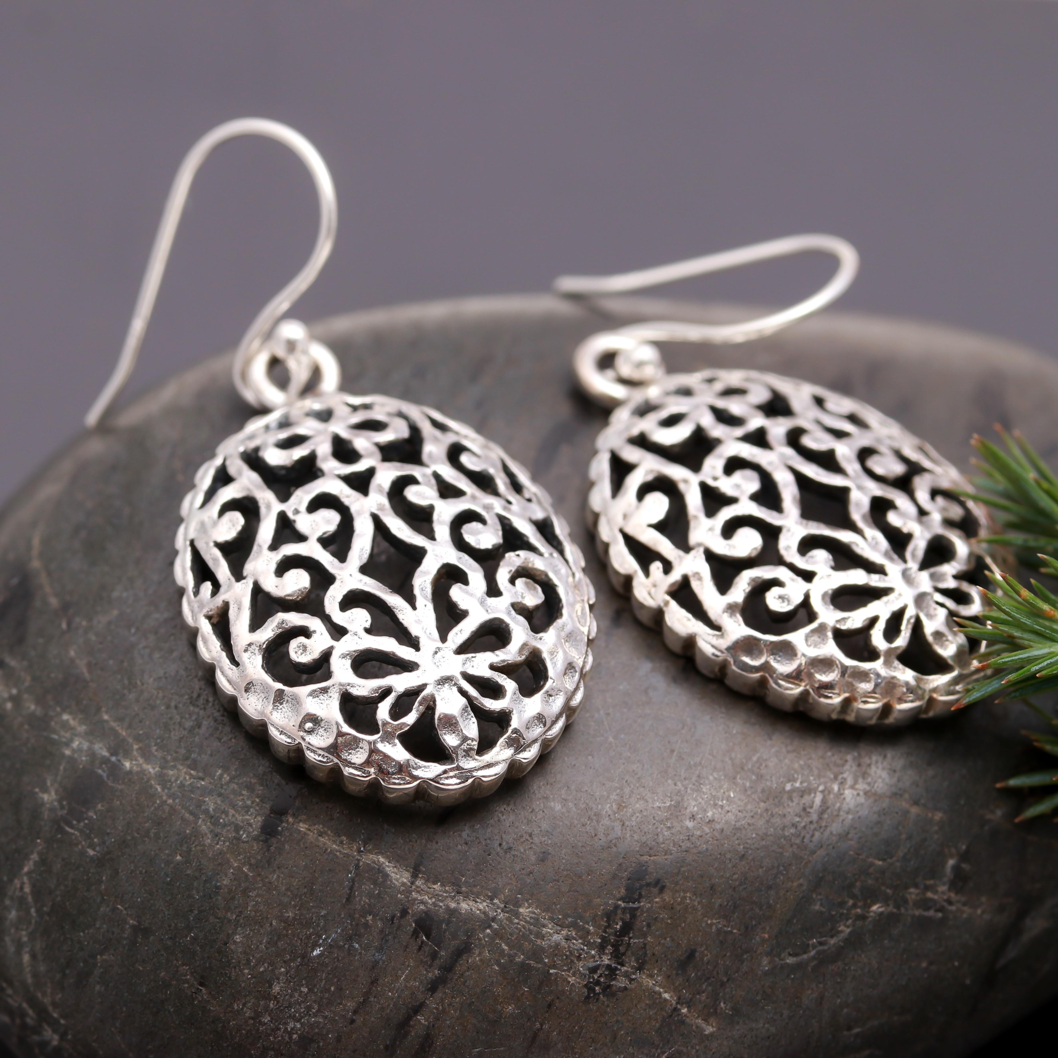 925 Silver Oval Filigree Dangle Earrings