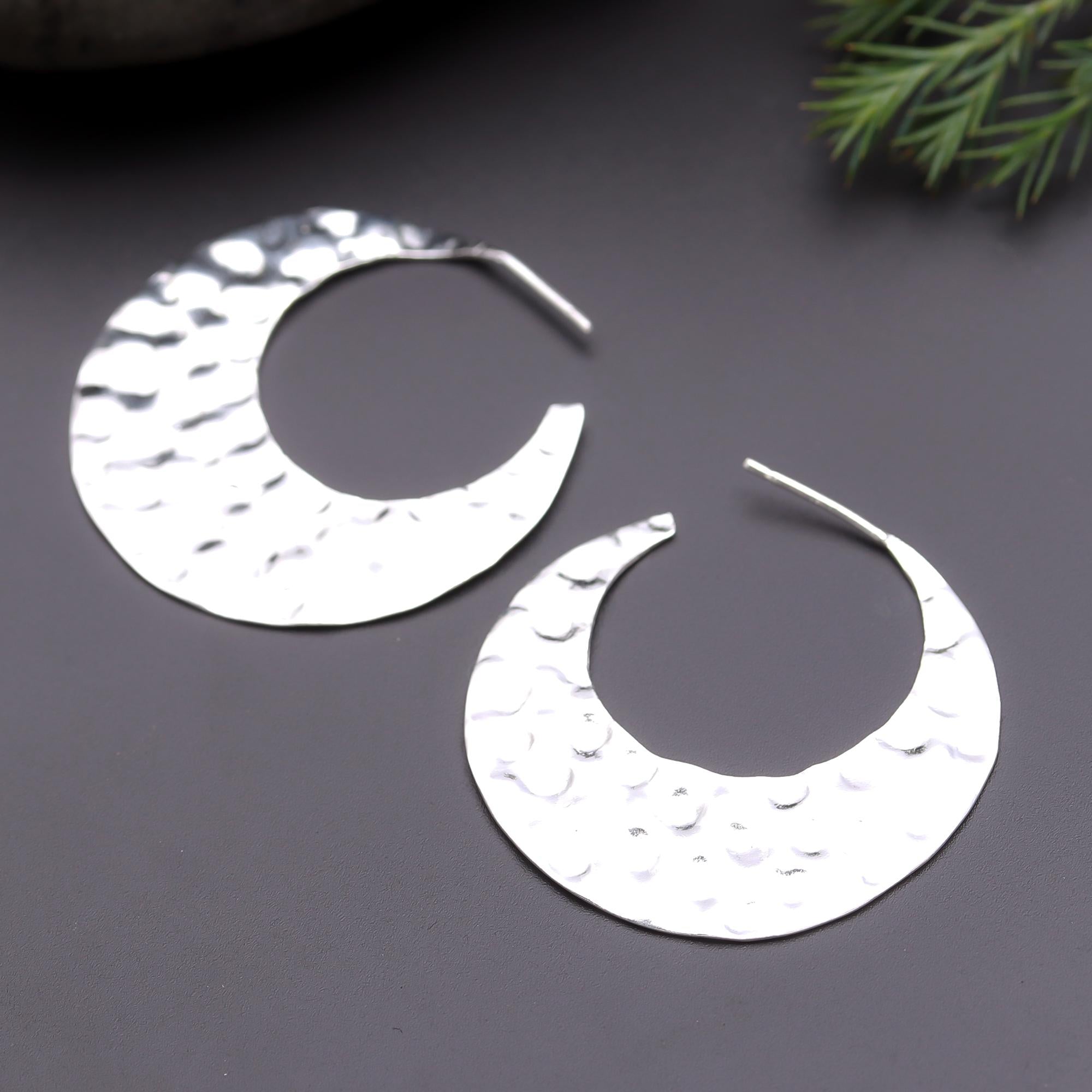 925 Silver Hammered Crescent Hoop Earrings