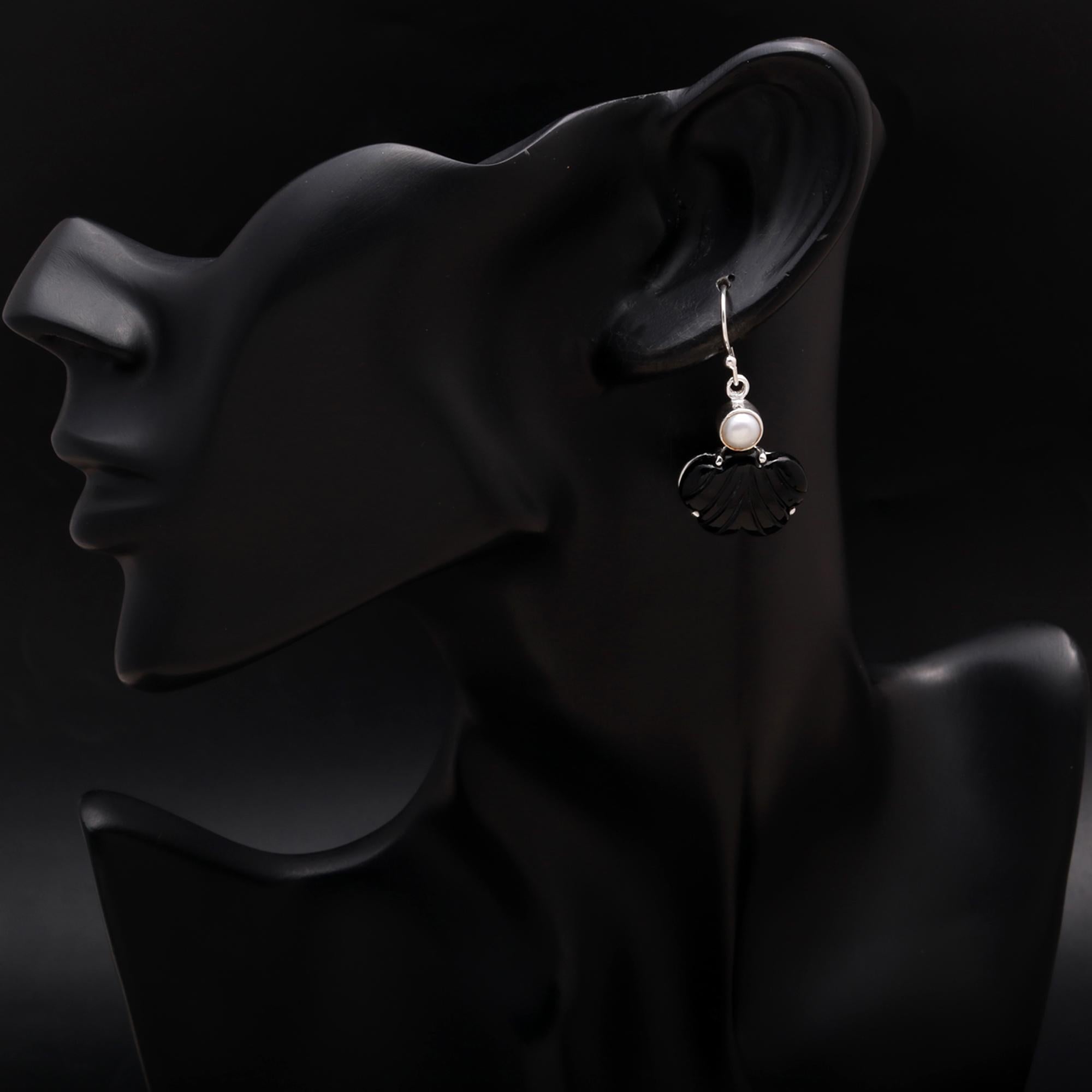 925 Silver Carved Black Onyx and Pearl Dangle Earrings