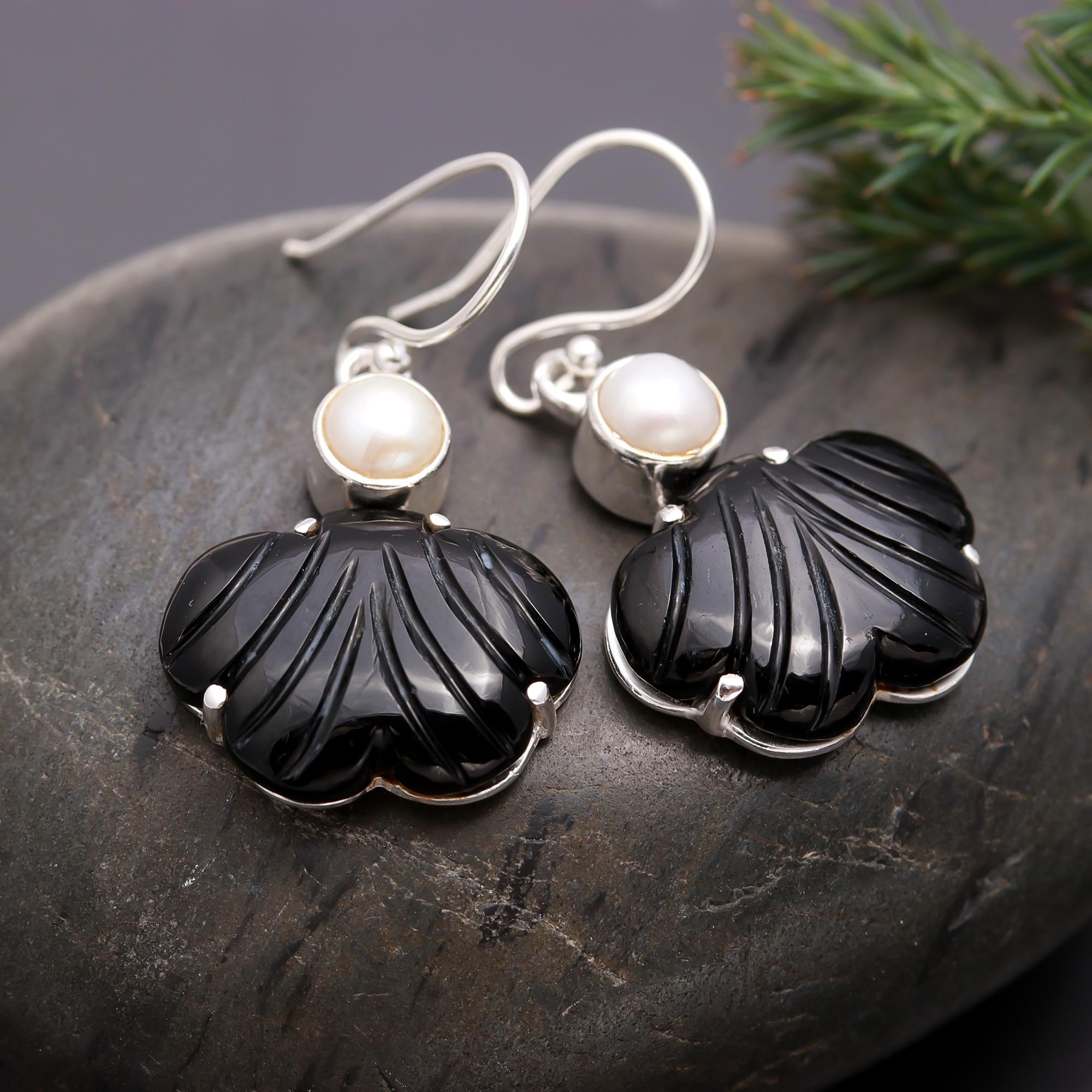 925 Silver Carved Black Onyx and Pearl Dangle Earrings