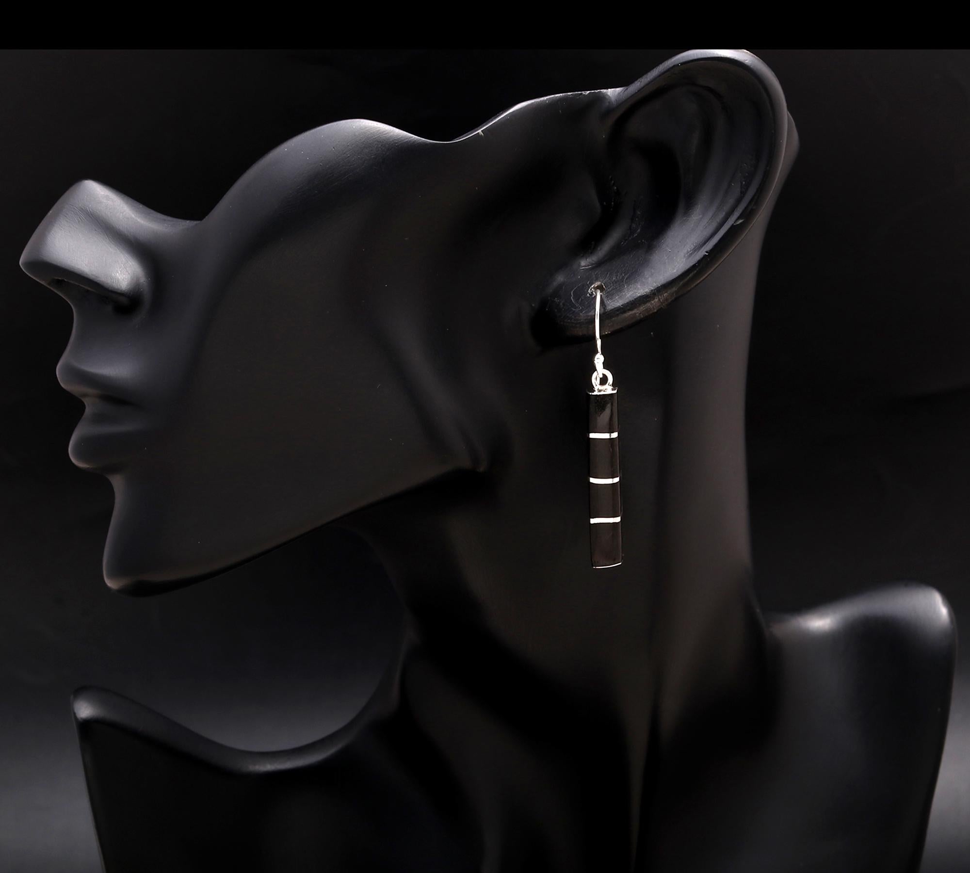 925 Silver Wood Striped Bar Dangle Earrings