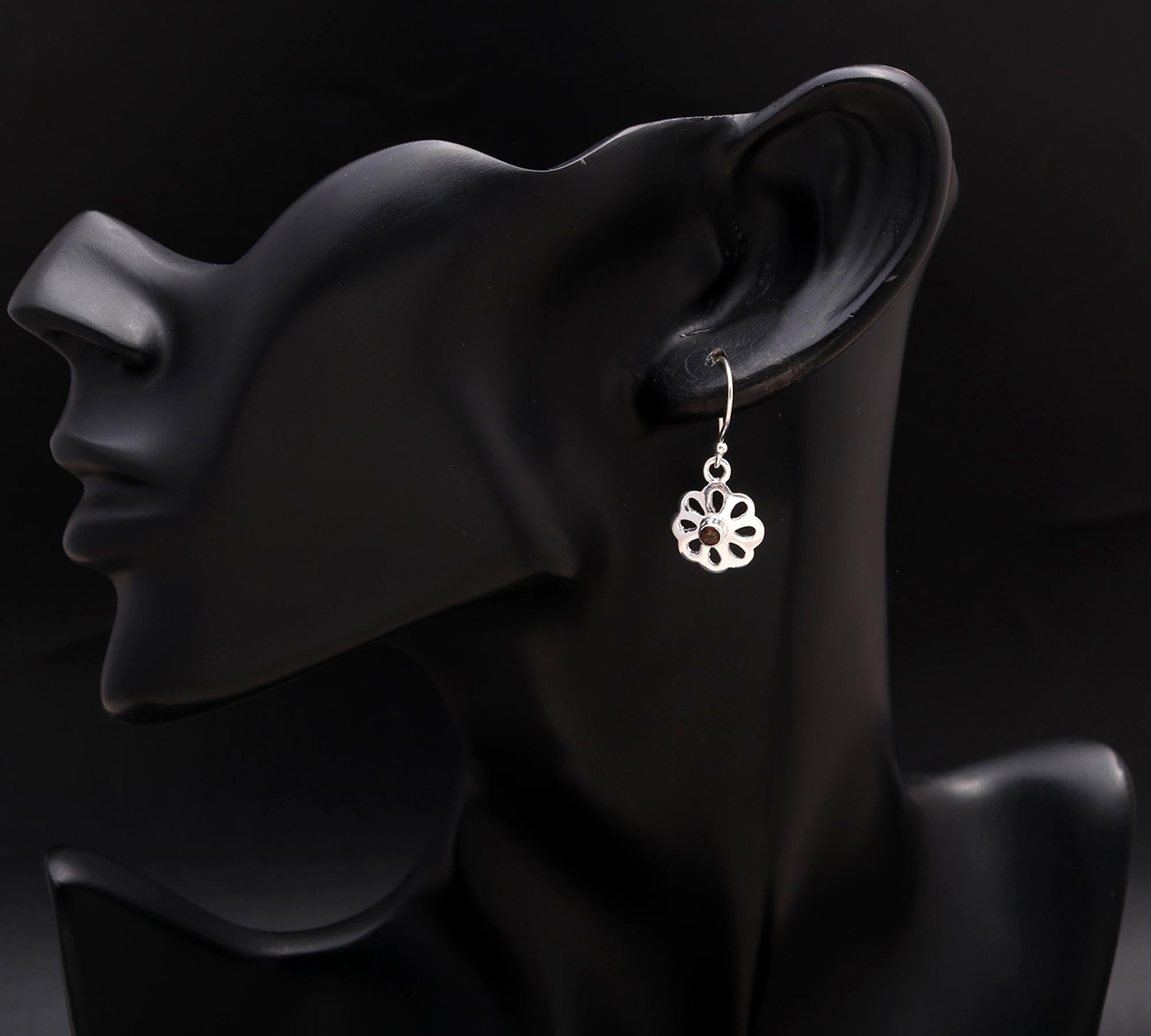 925 Silver Floral Cutout Garnet Dangle Earrings