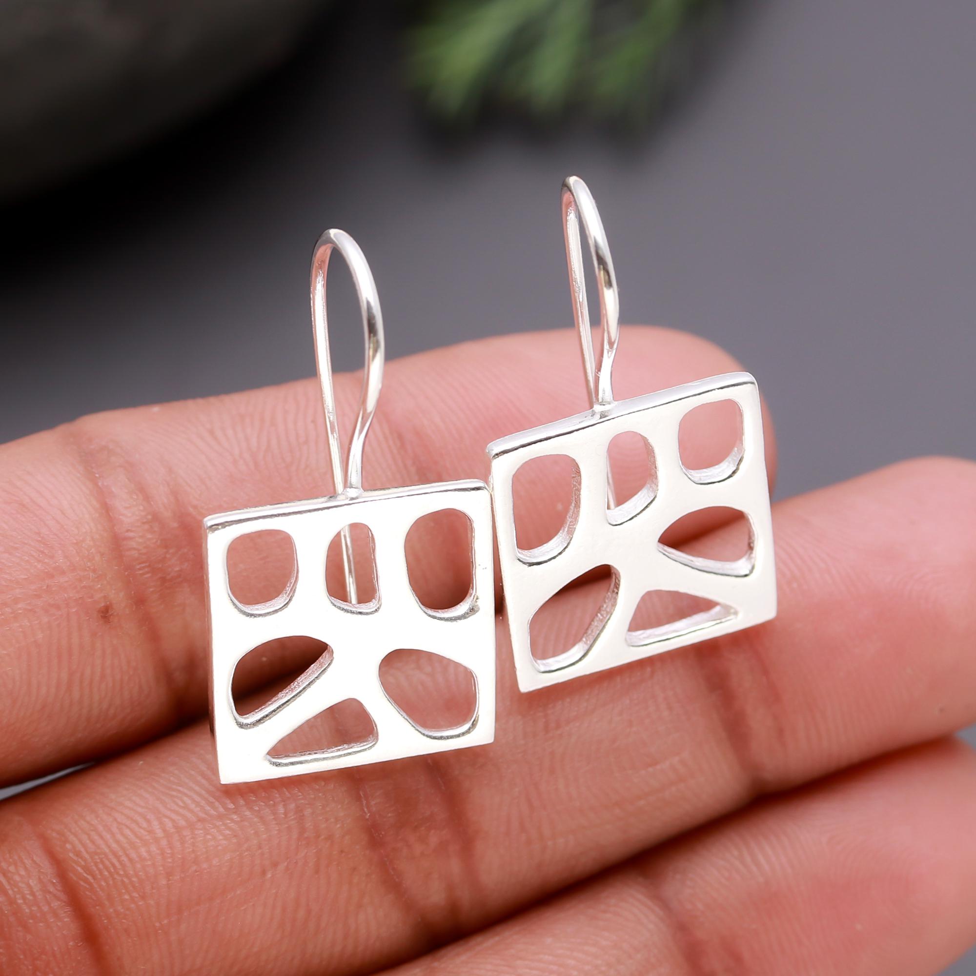 925 Silver Square Cutout Dangle Earrings