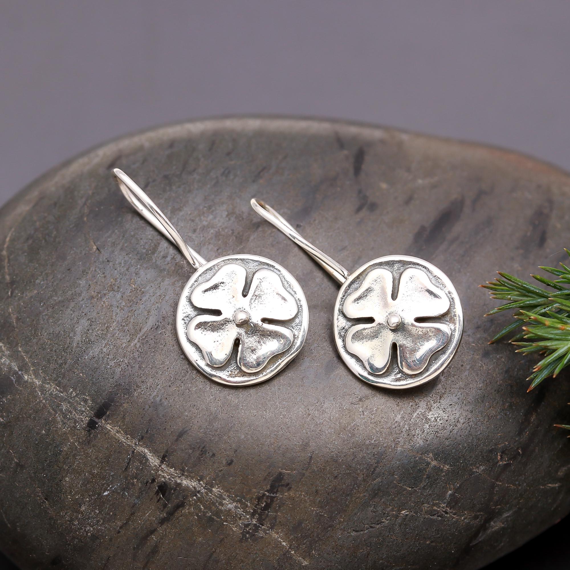 925 Silver Four-Leaf Clover Dangle Earrings