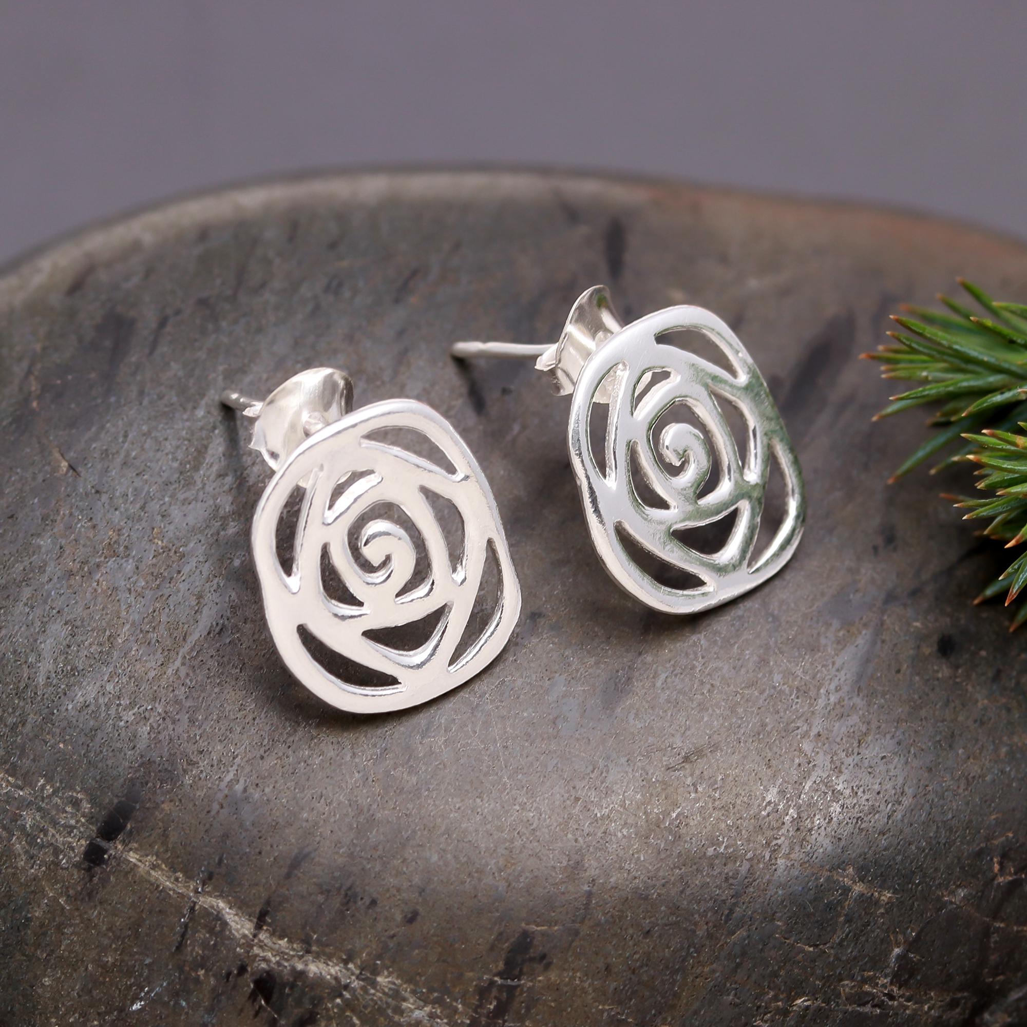 925 Silver Open Rose Stud Earrings