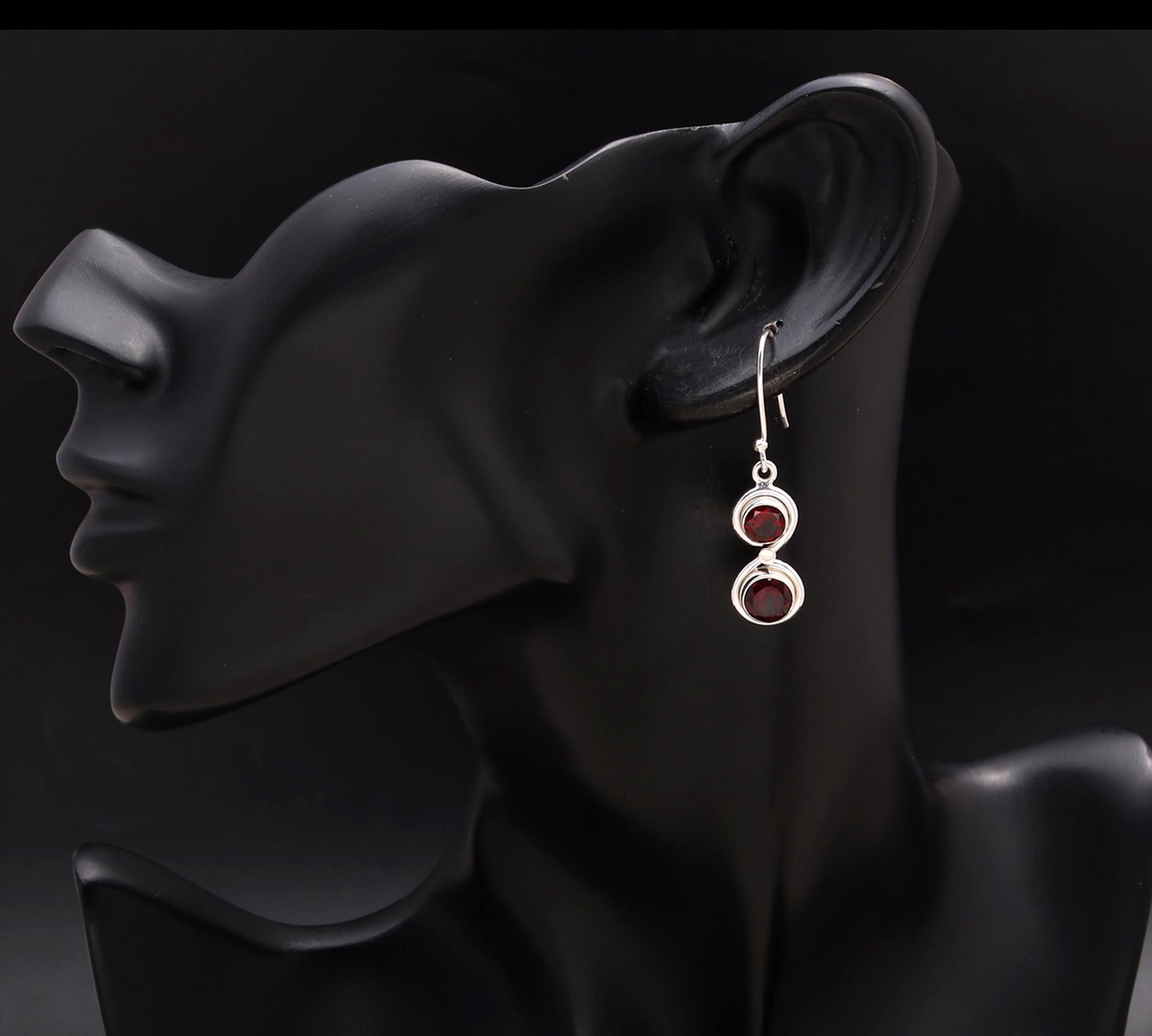925 Silver Double Garnet Dangle Earrings