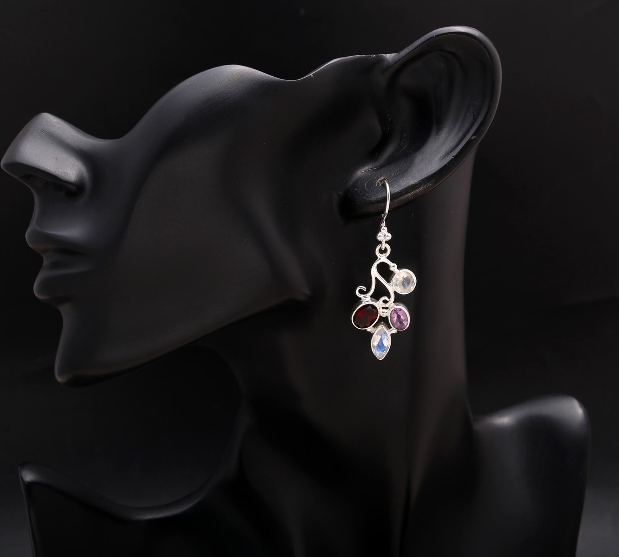 925 Silver Multi-Gemstone Floral Dangle Earrings